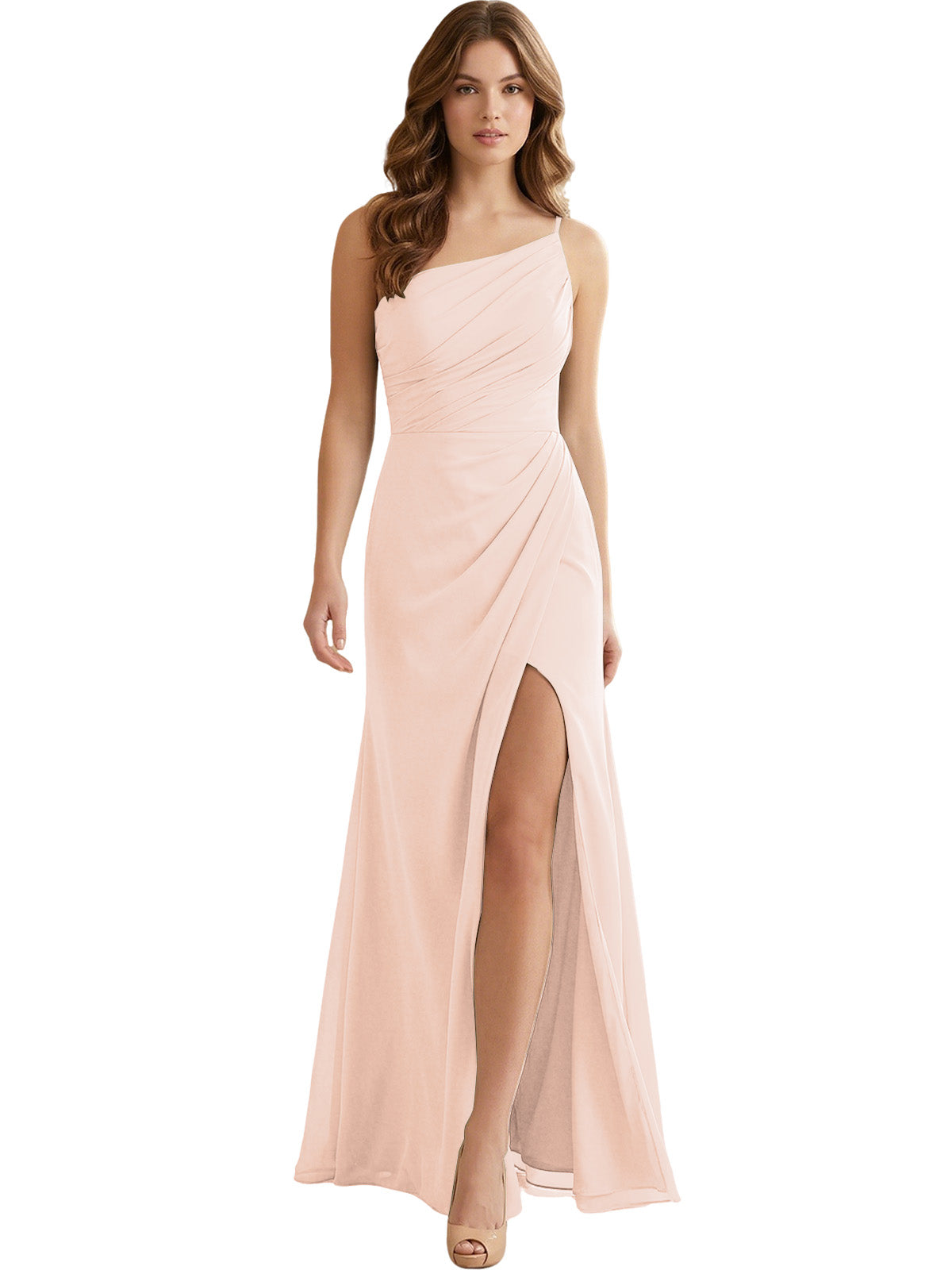 One Shoulder Ruched Chiffon Bridesmaid Dress with Front Slit