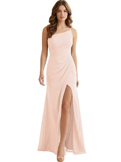 One Shoulder Ruched Chiffon Bridesmaid Dress with Front Slit