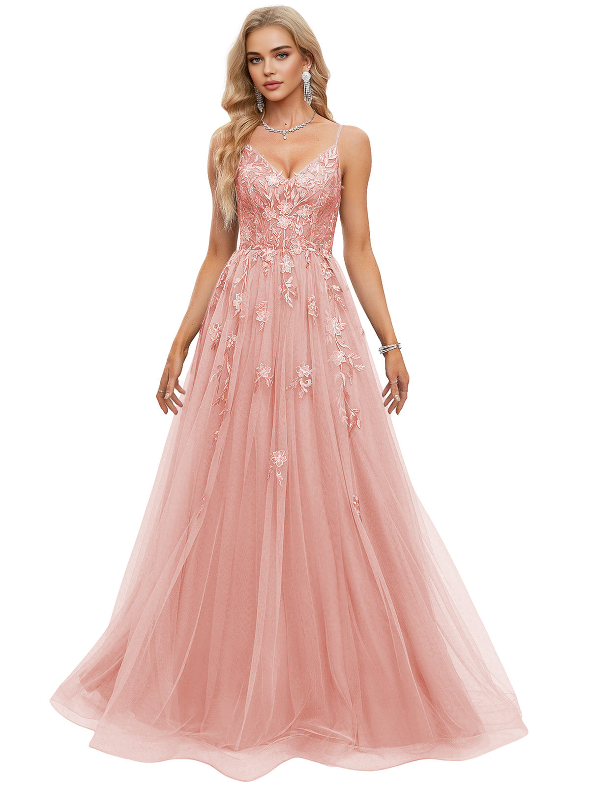 Beaded Bodice Tulle Ball Gown Prom Dress with Spaghetti Straps