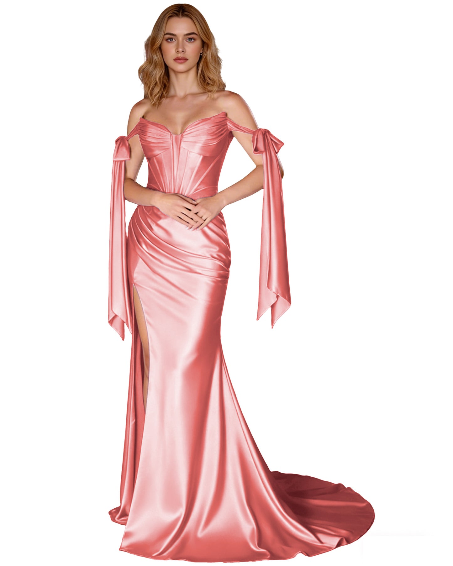 Off Shoulder Satin Mermaid Prom Dress with Detachable Long Sleeves