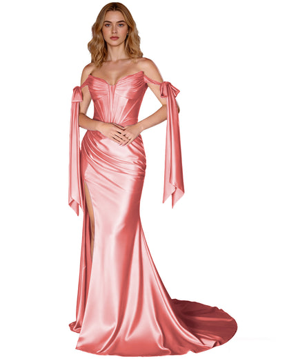 Off Shoulder Satin Mermaid Prom Dress with Detachable Long Sleeves