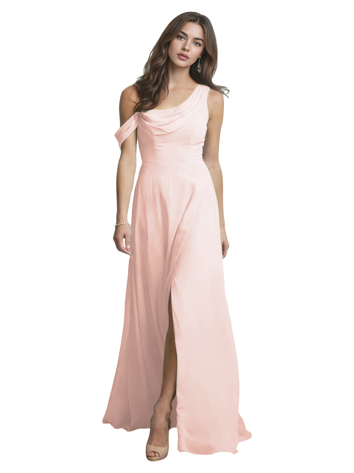 One Shoulder Satin Bridesmaid Dress with Draped Neckline and Slit