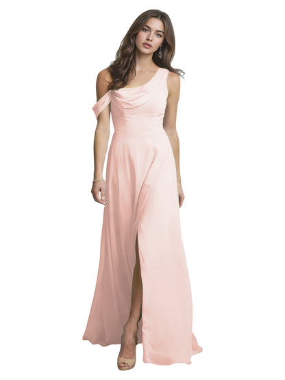 One Shoulder Satin Bridesmaid Dress with Draped Neckline and Slit