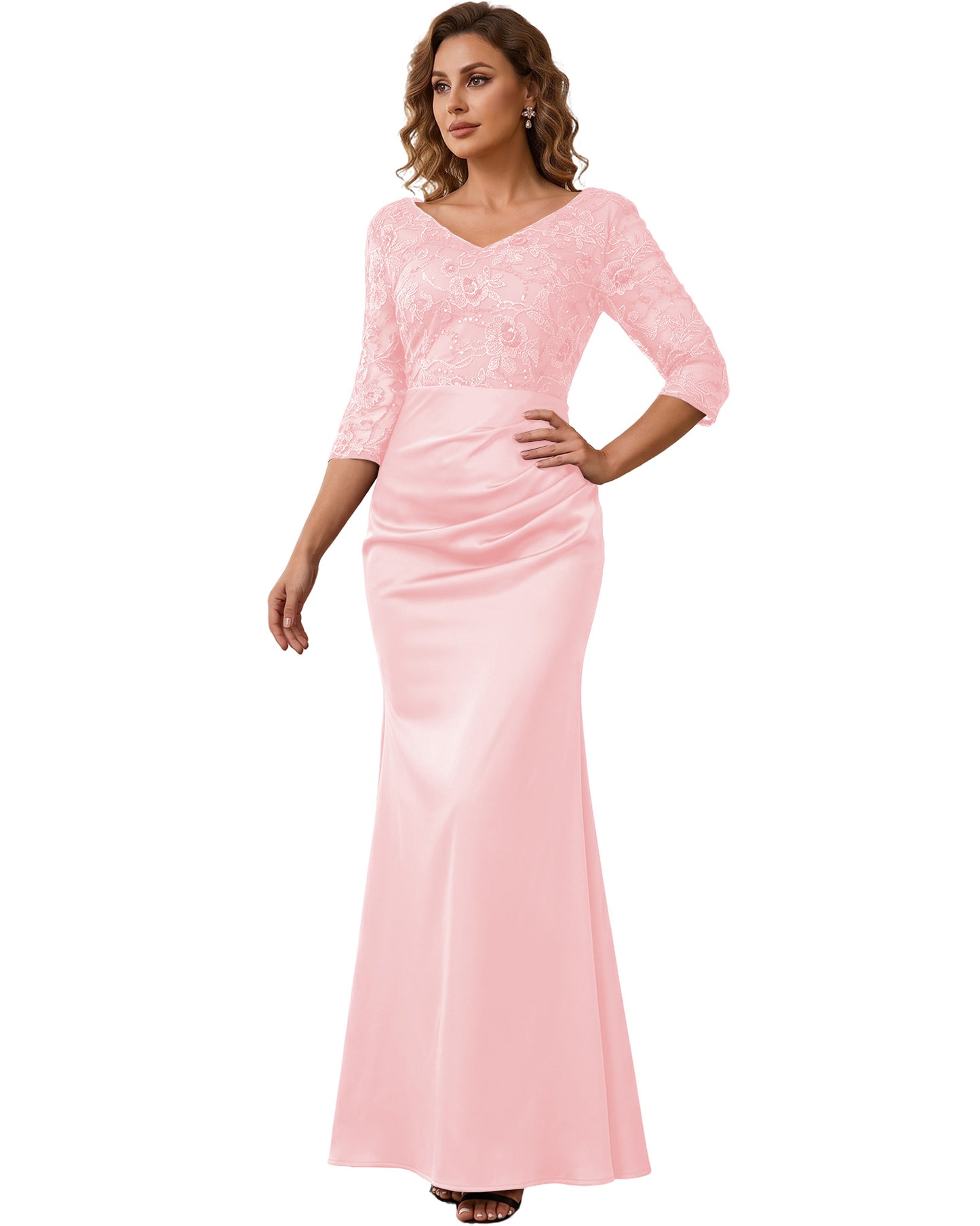 Mother of the Bride Dress Long Lace Mermaid Formal Gown with 3/4 Sleeves