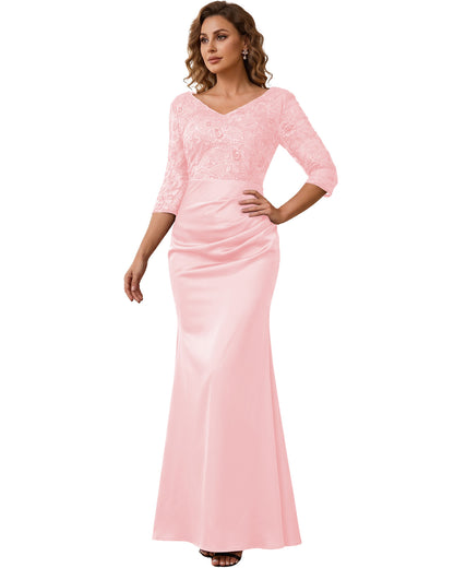 Mother of the Bride Dress Long Lace Mermaid Formal Gown with 3/4 Sleeves