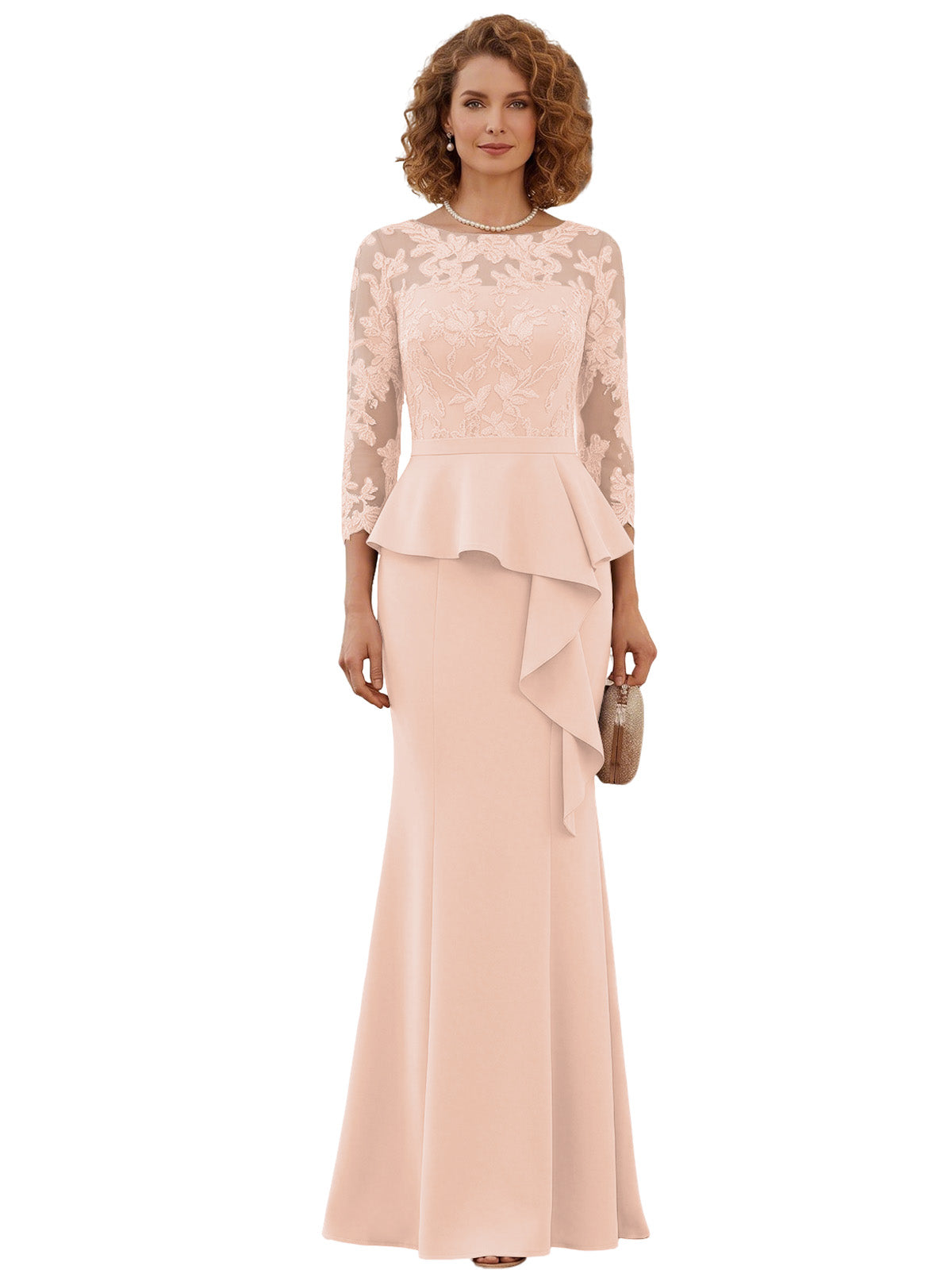 Long Mother of the Bride Dress Lace Illusion Bodice Peplum Mermaid Formal Evening Gown