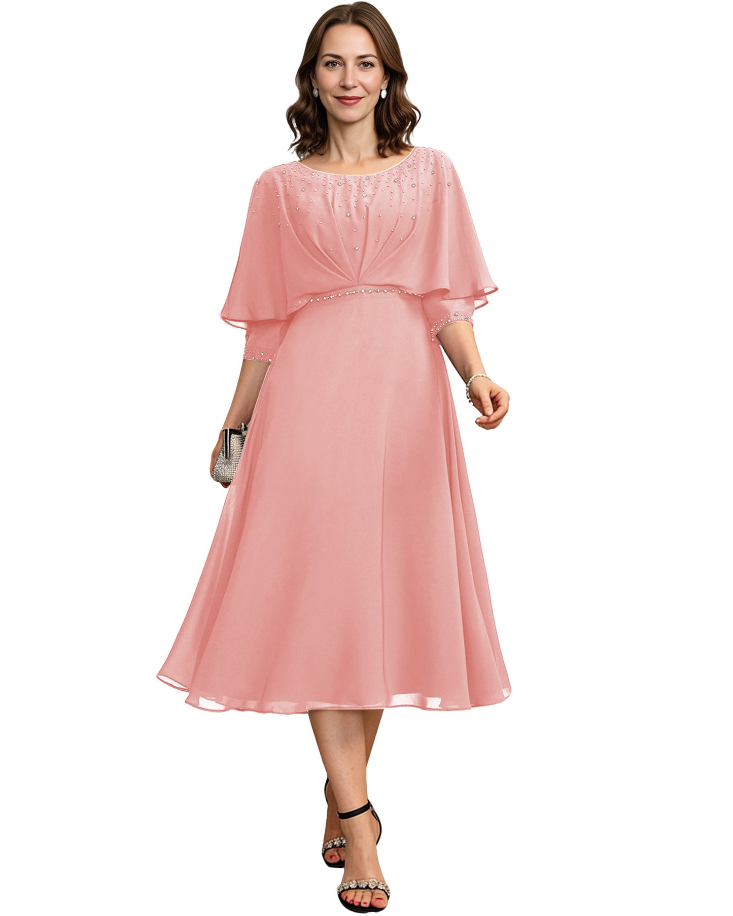 Beaded Cape Mother of the Bride Dress Tea Length Chiffon A-Line Formal Guest Gown