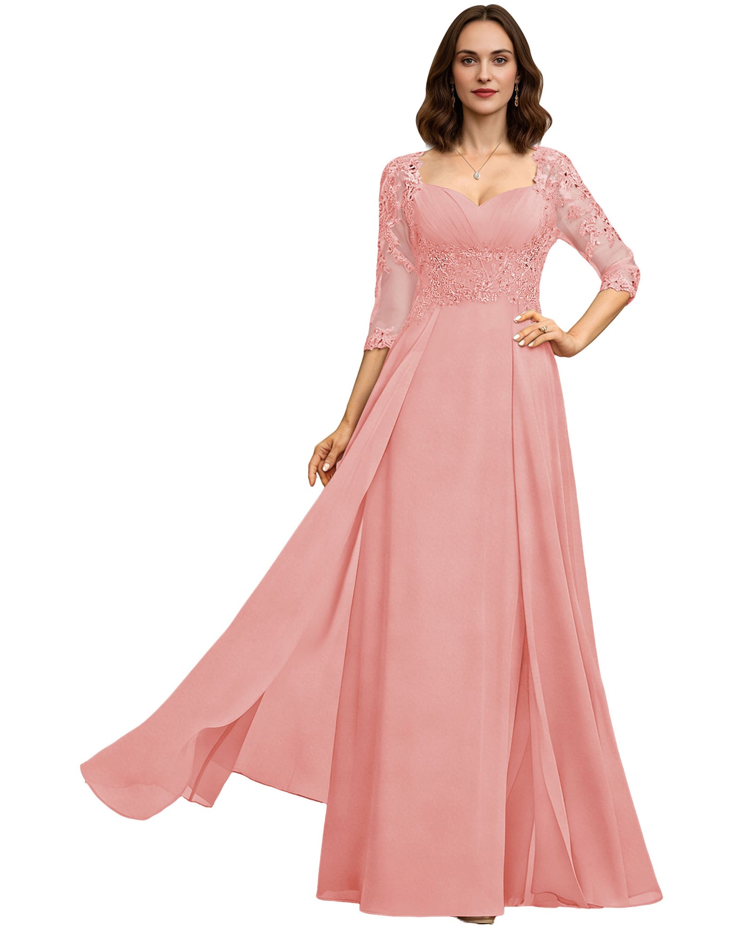 Long Sweetheart Mother of the Bride Dress Lace 3/4 Sleeve Chiffon A-Line Gown