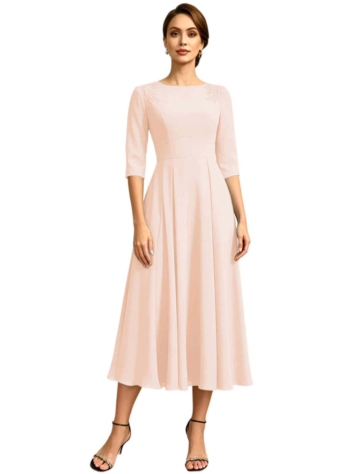 Tea Length Mother of the Bride Dress Jewel Neck Chiffon A-Line Formal Gown with Embroidery