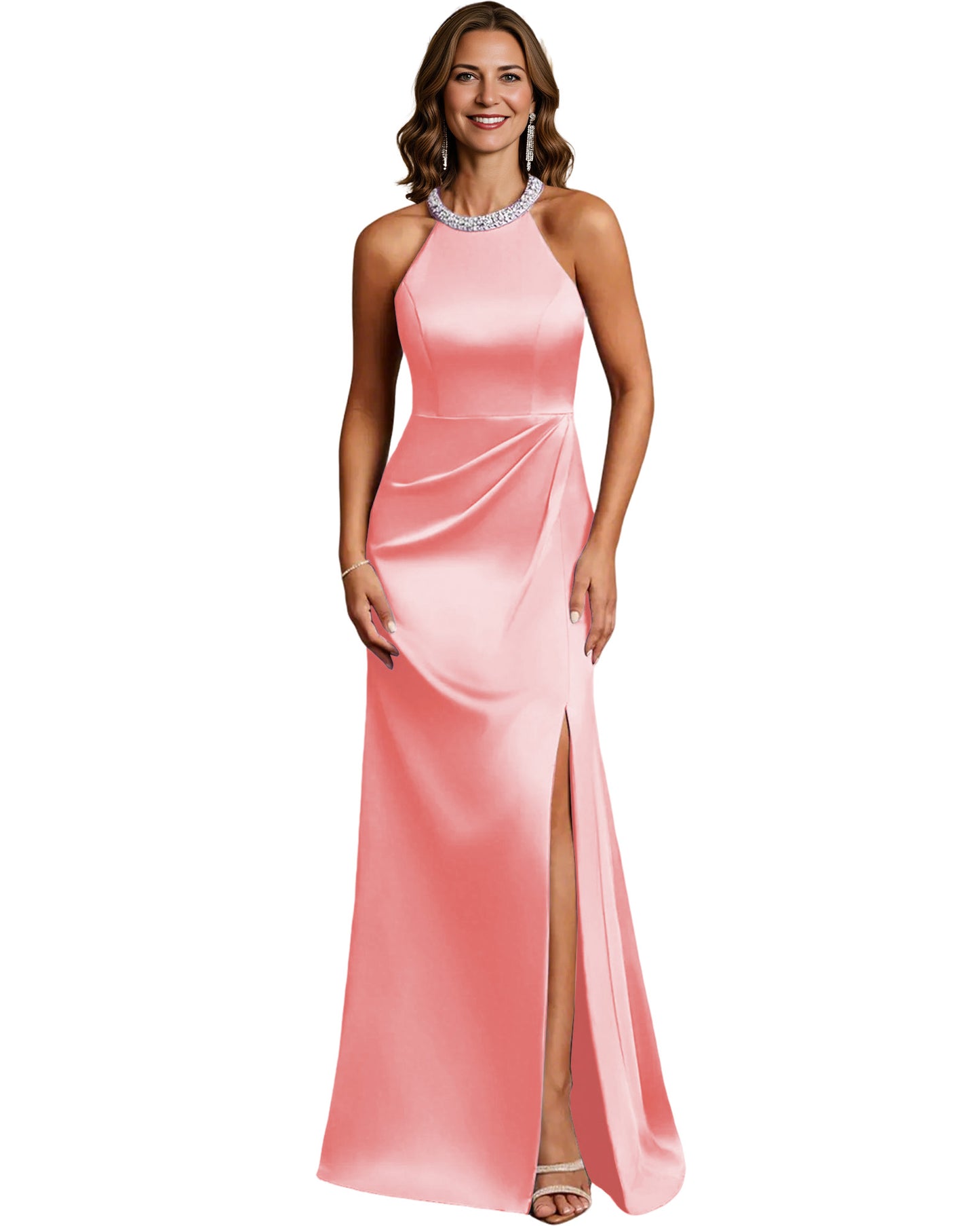 Halter Neck Mother of the Bride Dress Satin Mermaid Gown with Beaded Collar and Slit