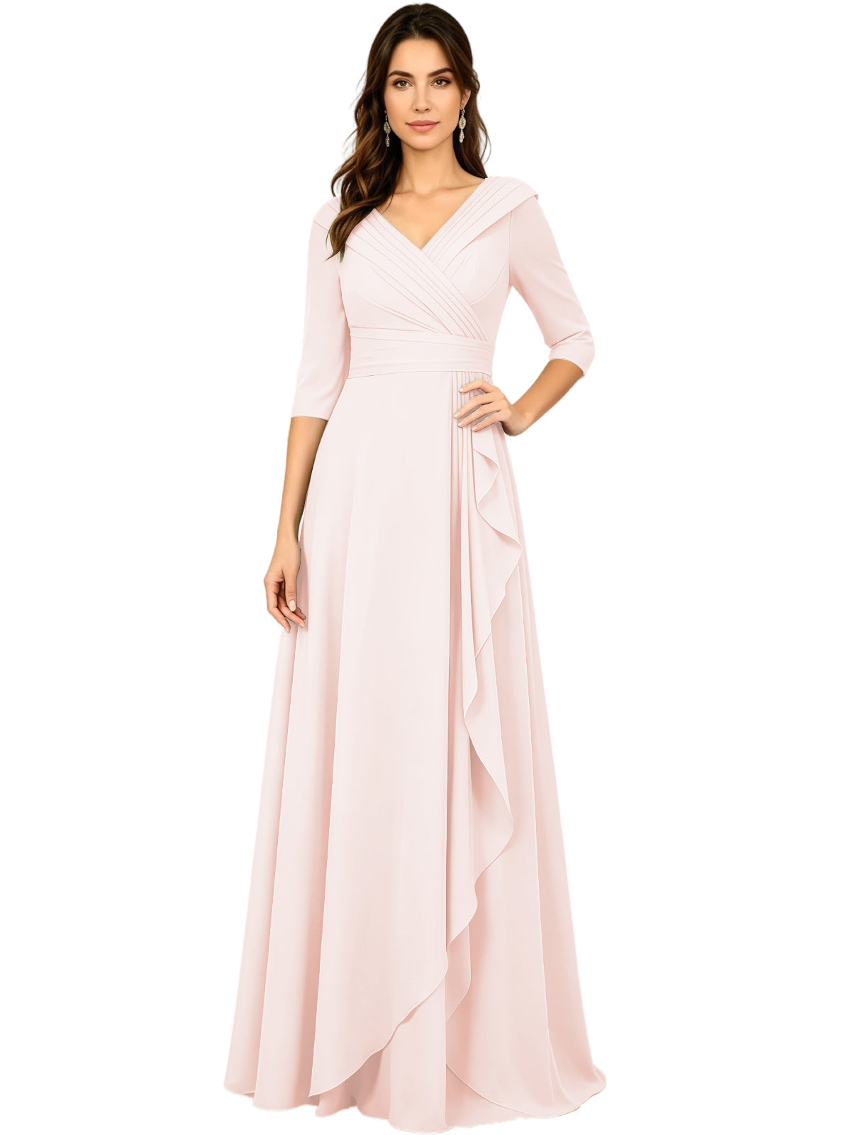 Long V-Neck Mother of the Bride Dress Chiffon Half Sleeve A-Line Gown with Side Ruffle