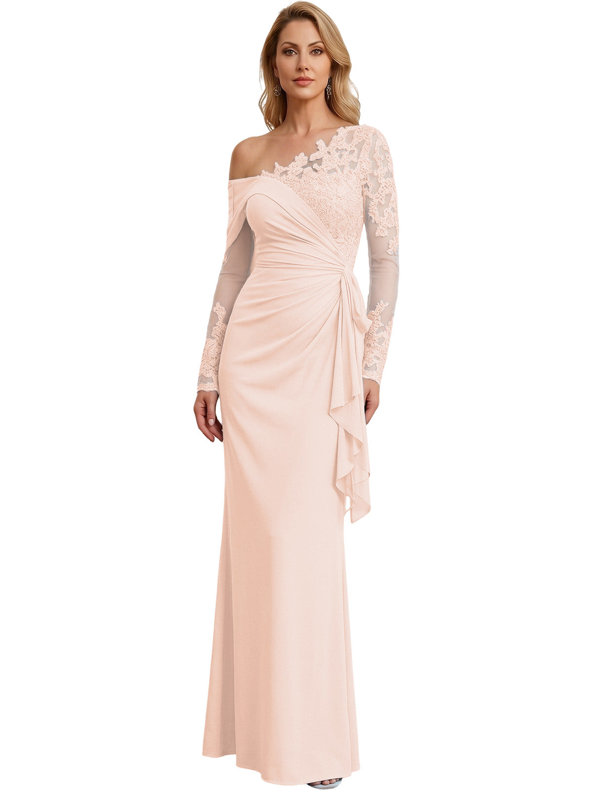 One Shoulder Mother of the Bride Gown Long Lace Sleeve Mermaid Dress with Draped Ruffle