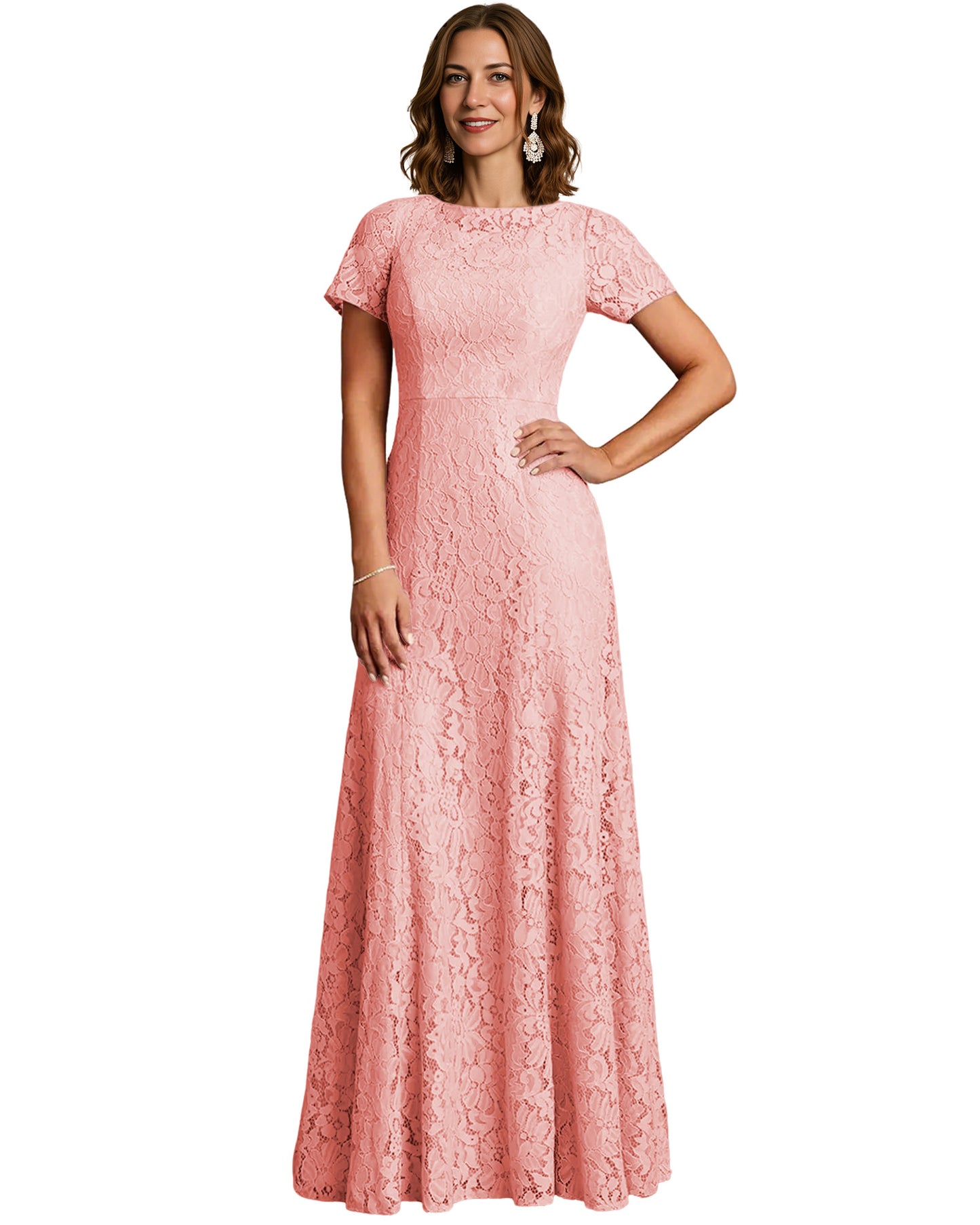 Long Lace Mother of the Bride Dress Short Sleeve Mermaid Gown with Crew Neckline