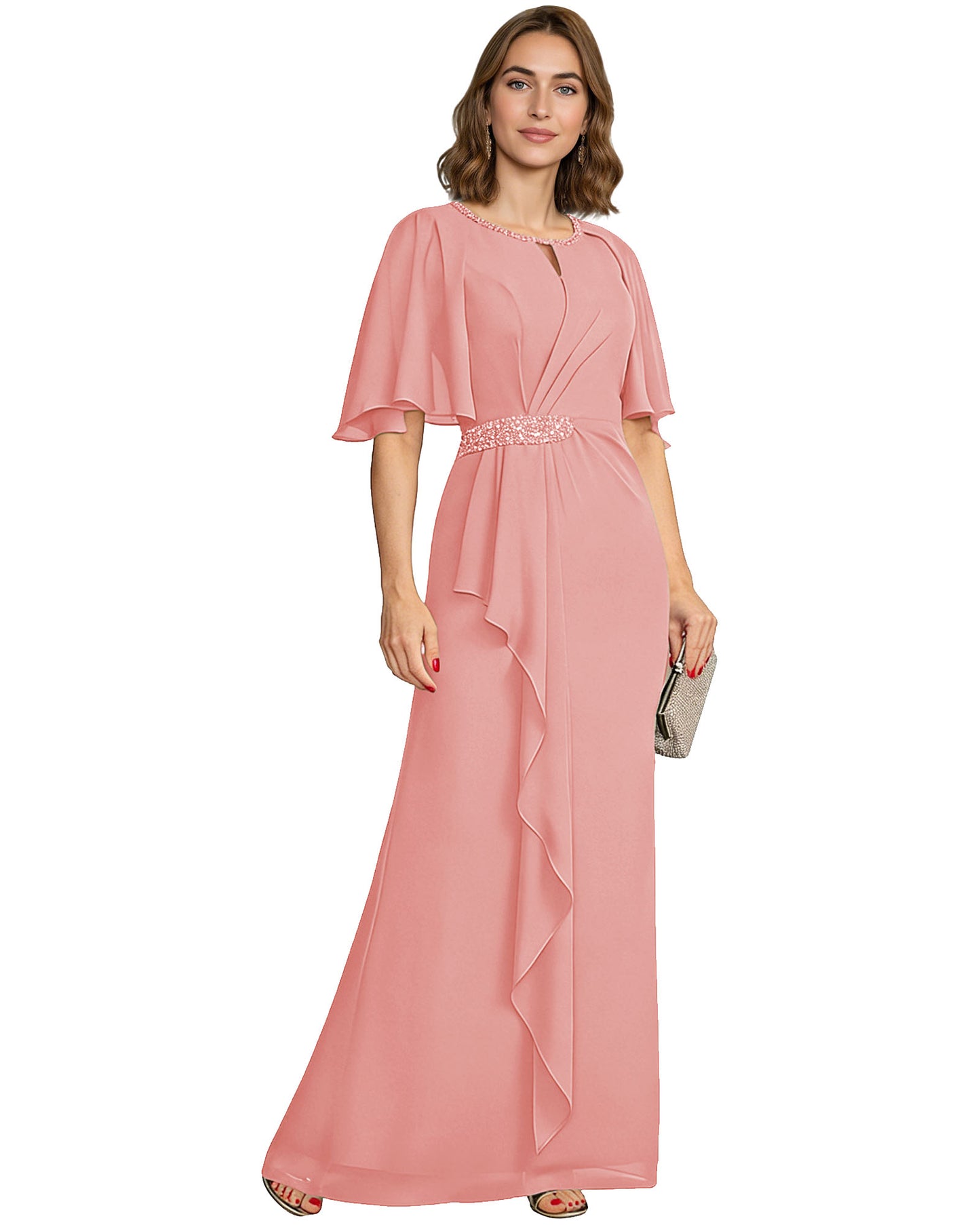 Long Mother of the Bride Dress Chiffon Flutter Sleeve Beaded Waist Formal A-Line Gown
