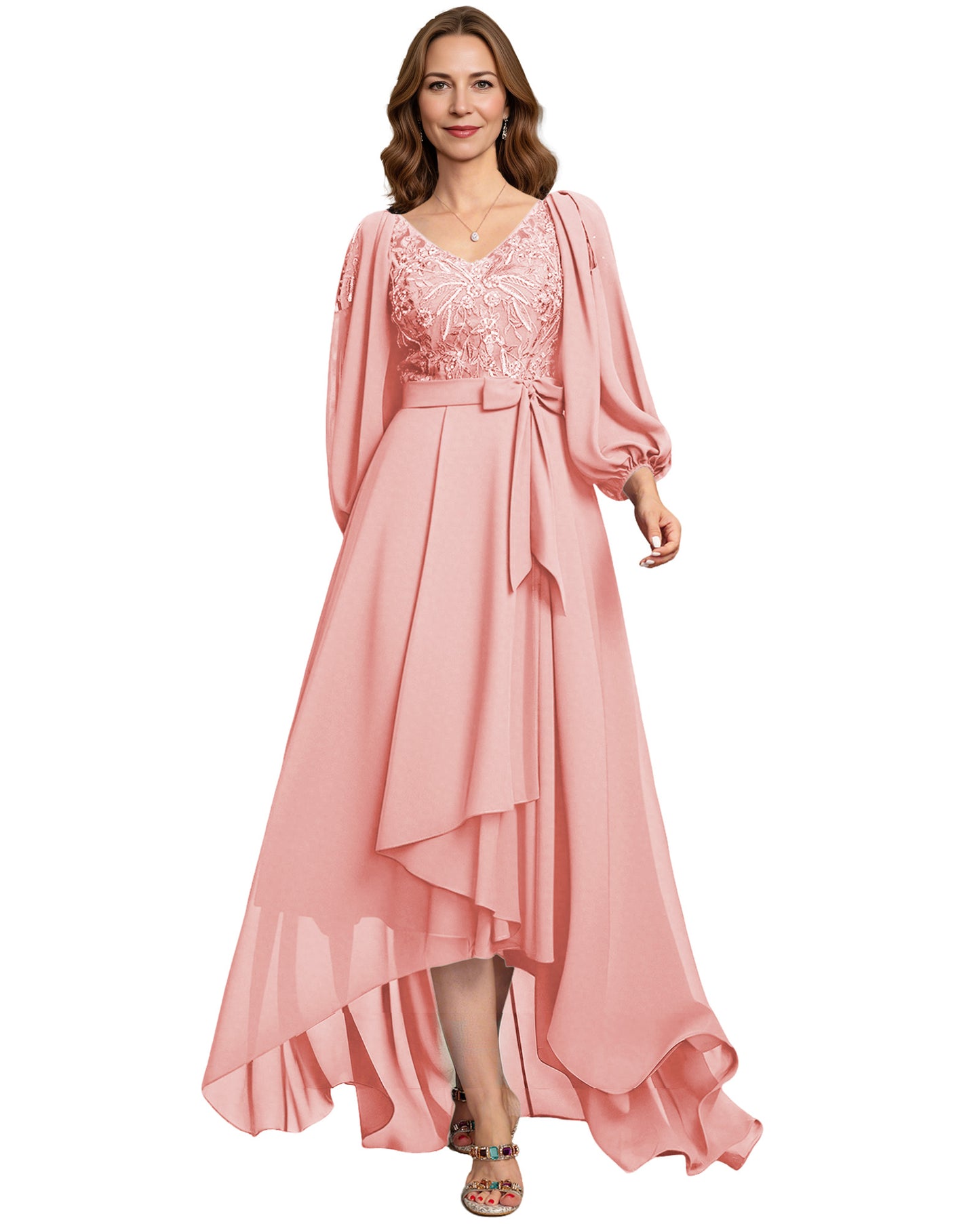 High Low Mother of the Bride Dress Lace Bodice Chiffon Jacket Formal Wedding Gown