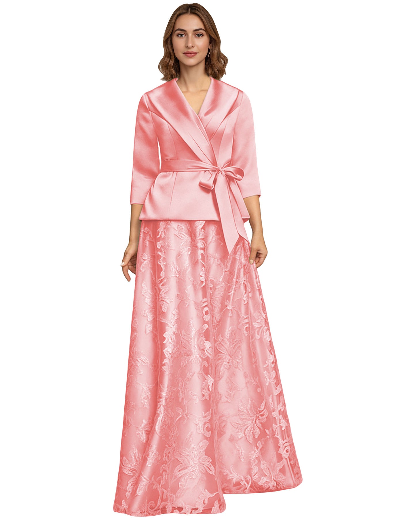 Two Piece Mother of the Bride Dress Satin Wrap Top Embroidered Long Skirt Formal Set