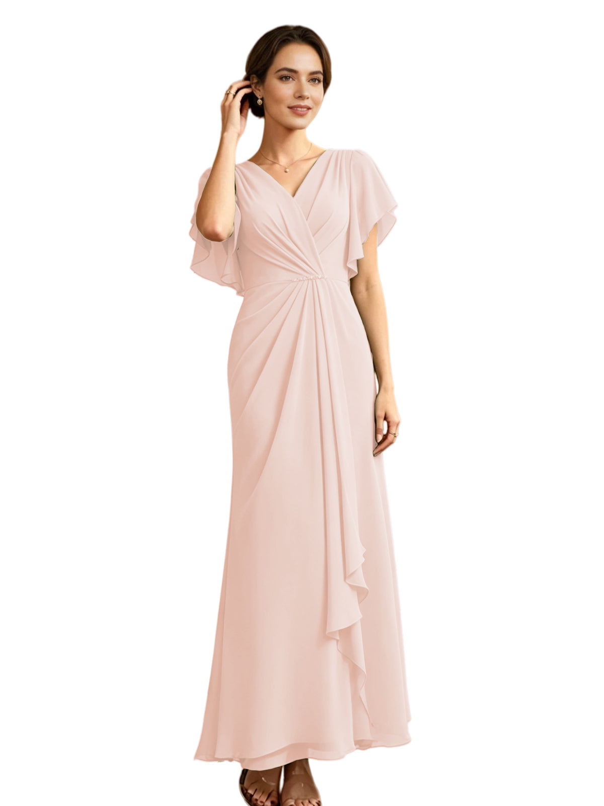 Long Chiffon Mother of the Bride Dress V-Neck Flutter Sleeve A-Line Gown with Beaded Waist