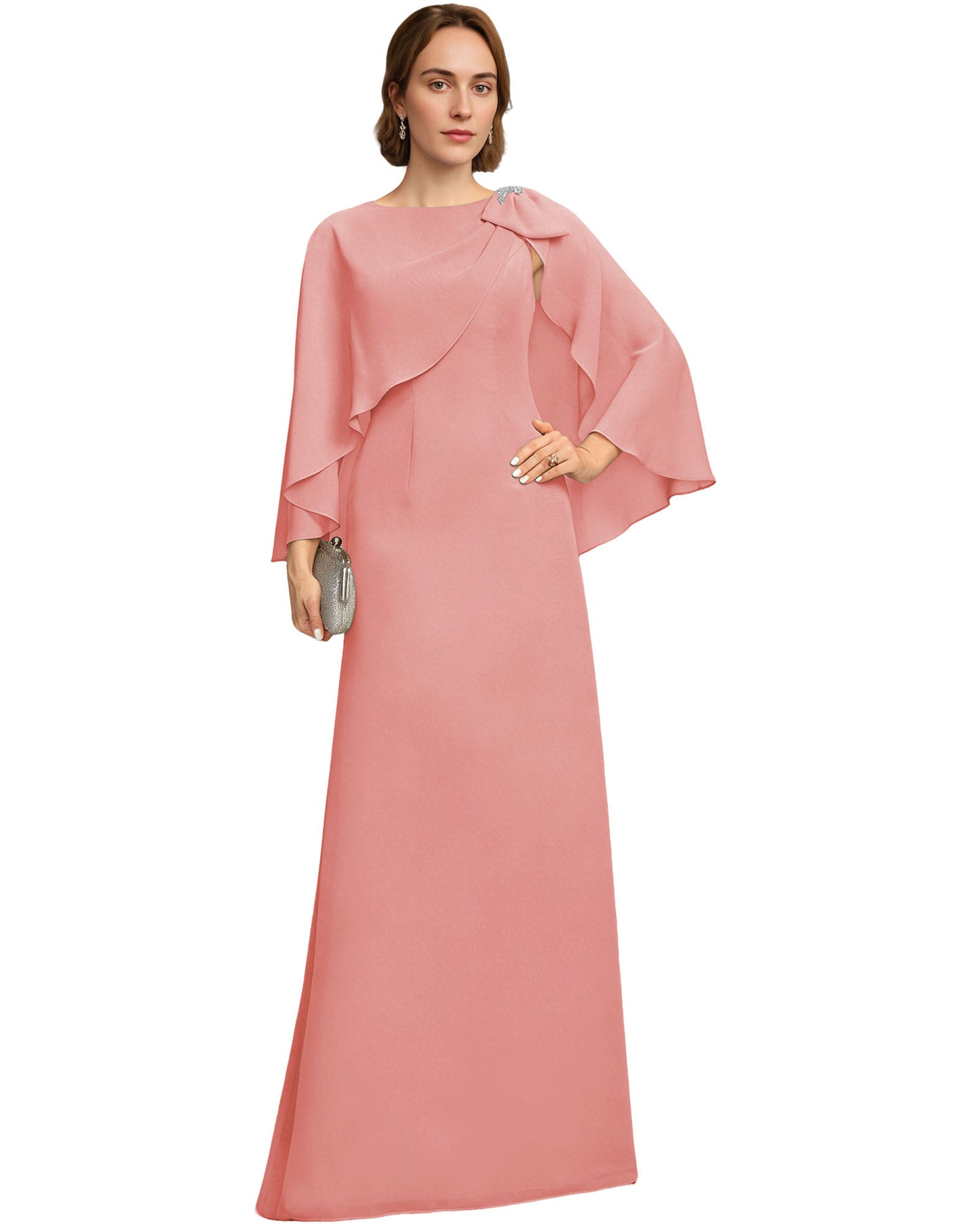 Long Cape Sleeve Mother of the Bride Dress Jewel Neck Chiffon Column Gown with Bow Detail