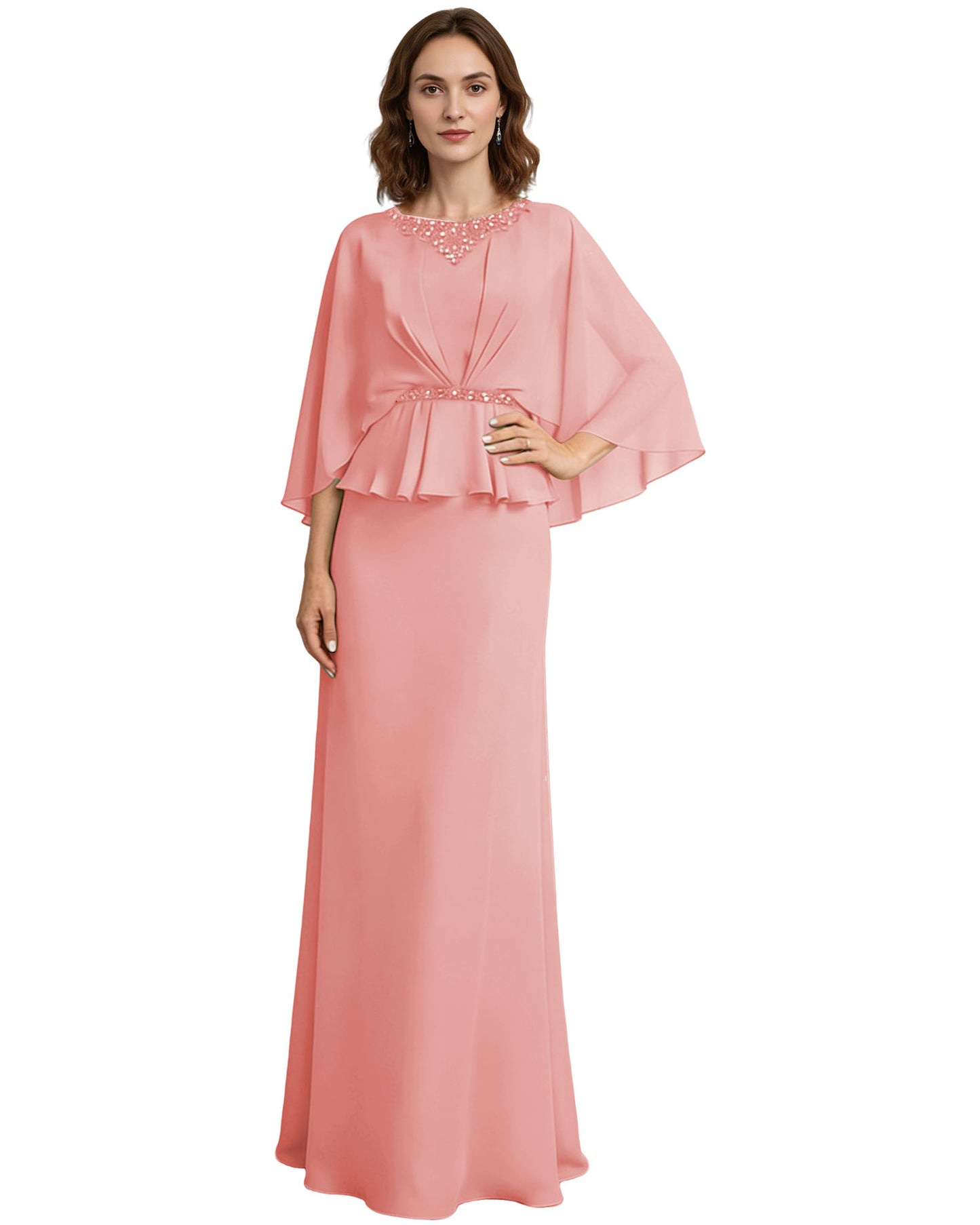 Capelet Mother of the Bride Dress Long Beaded Neck Peplum Chiffon Formal Gown