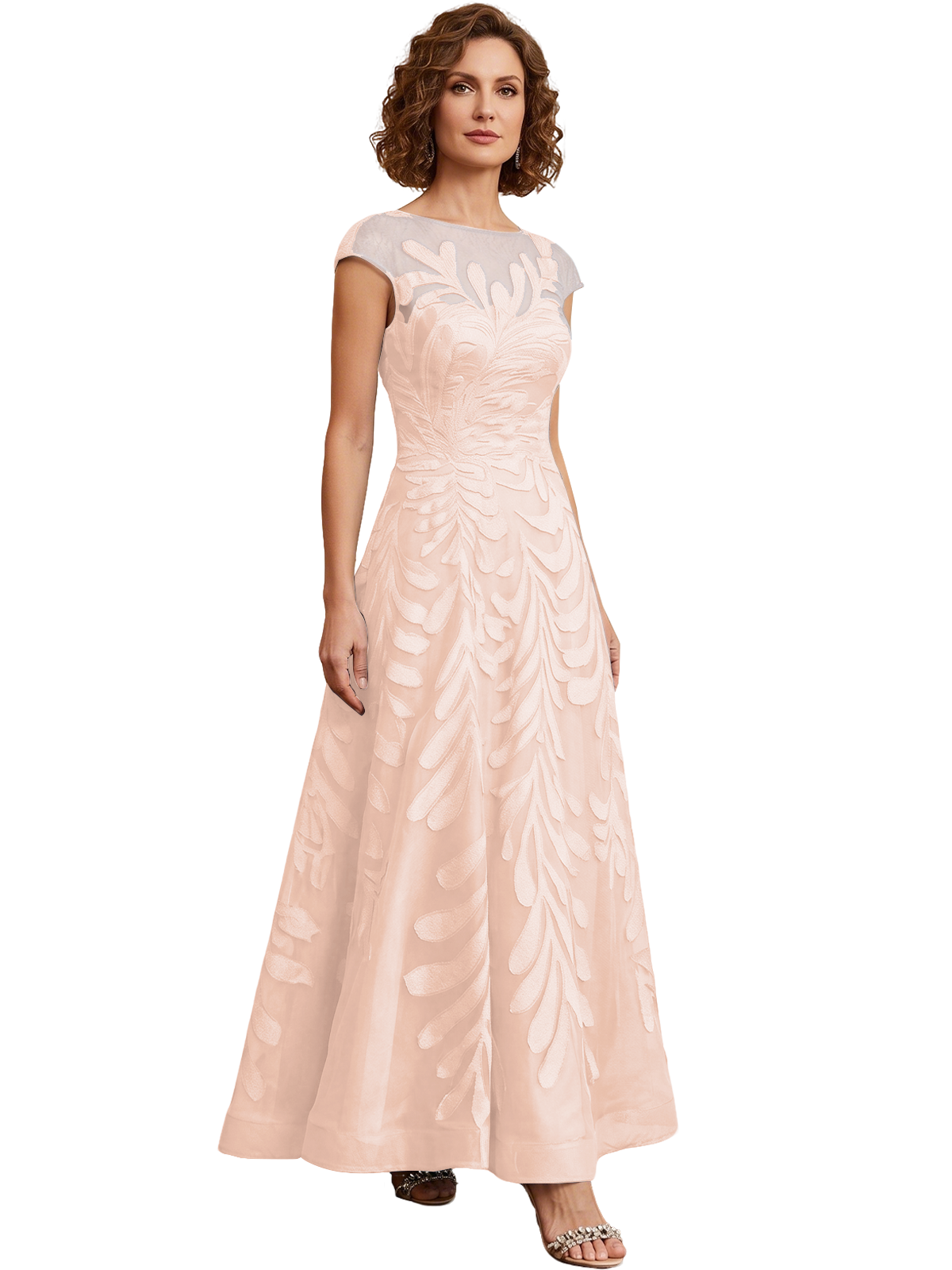 Embroidered Tulle Mother of the Bride Dress Long A-Line Gown with Illusion Cap Sleeves
