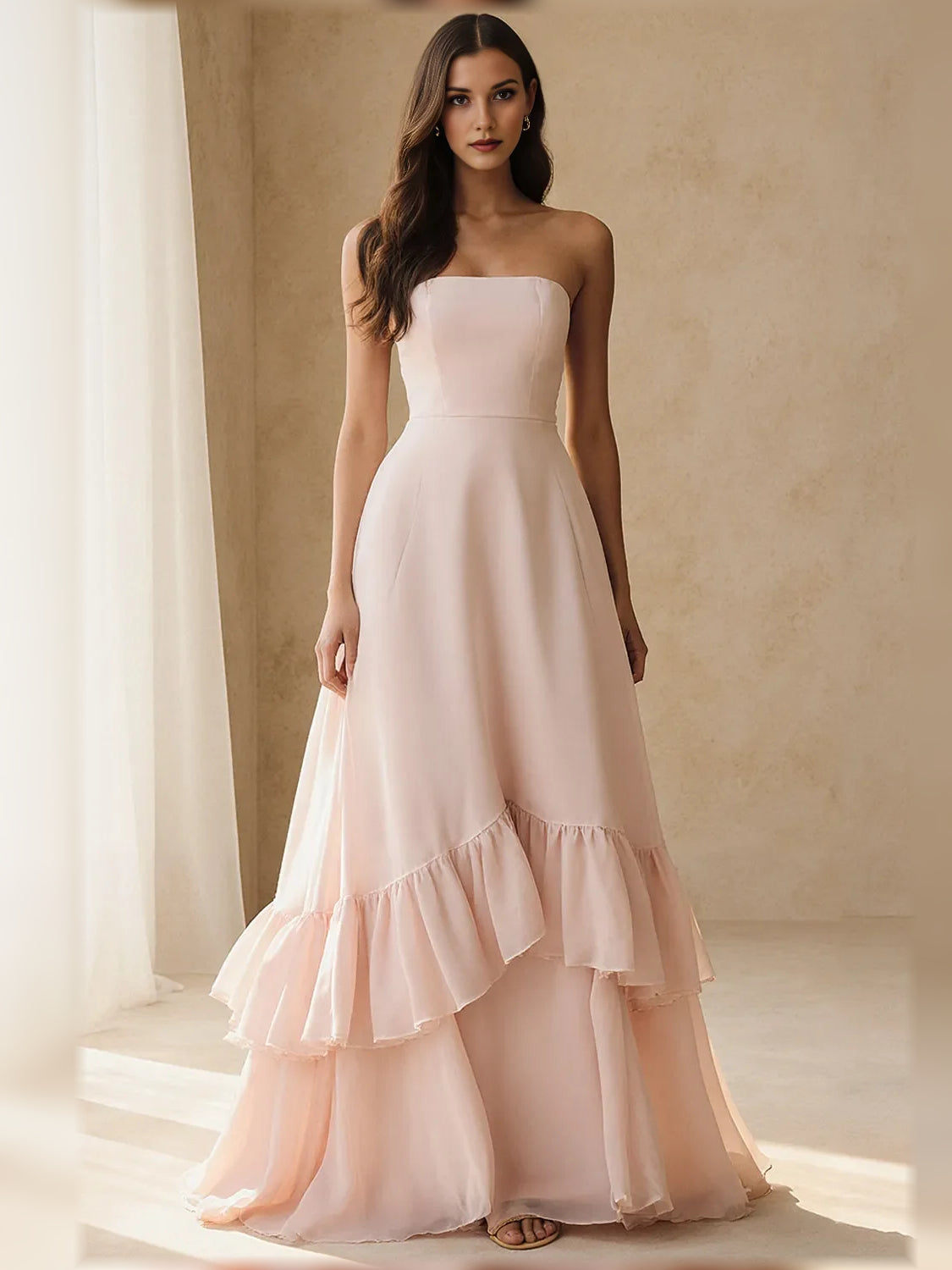 Strapless Tiered Ruffle Chiffon A-Line Formal Dress