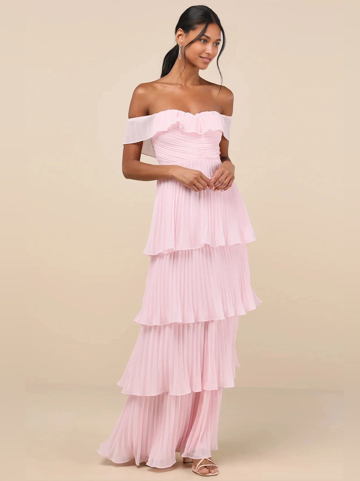 Ruched Pleated Ruffled Off Shoulder A-Line Maxi Chiffon Bridesmaid Dress for Destination Wedding