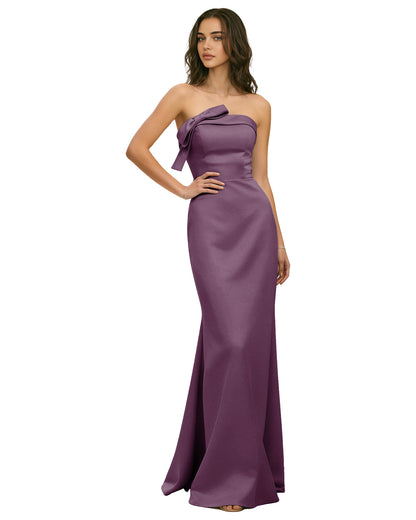Strapless Satin Bridesmaid Dress with Draped Bodice and Side Slit