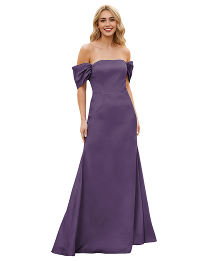 Off Shoulder Satin Bridesmaid Dress with Foldover Neckline and Trumpet Dress