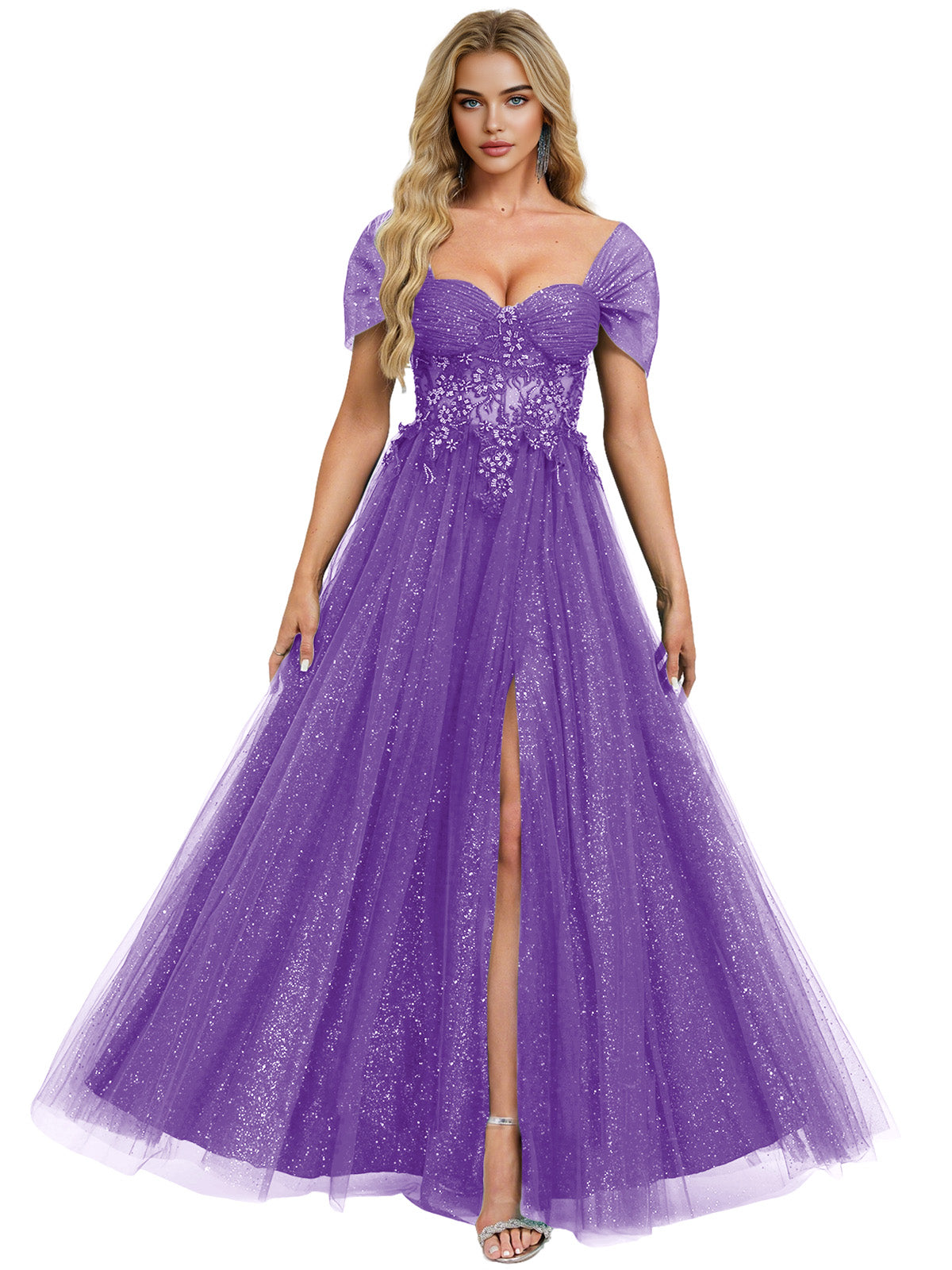 Short Sleeve Glitter Tulle Prom Dress with Illusion Bodice and Slit