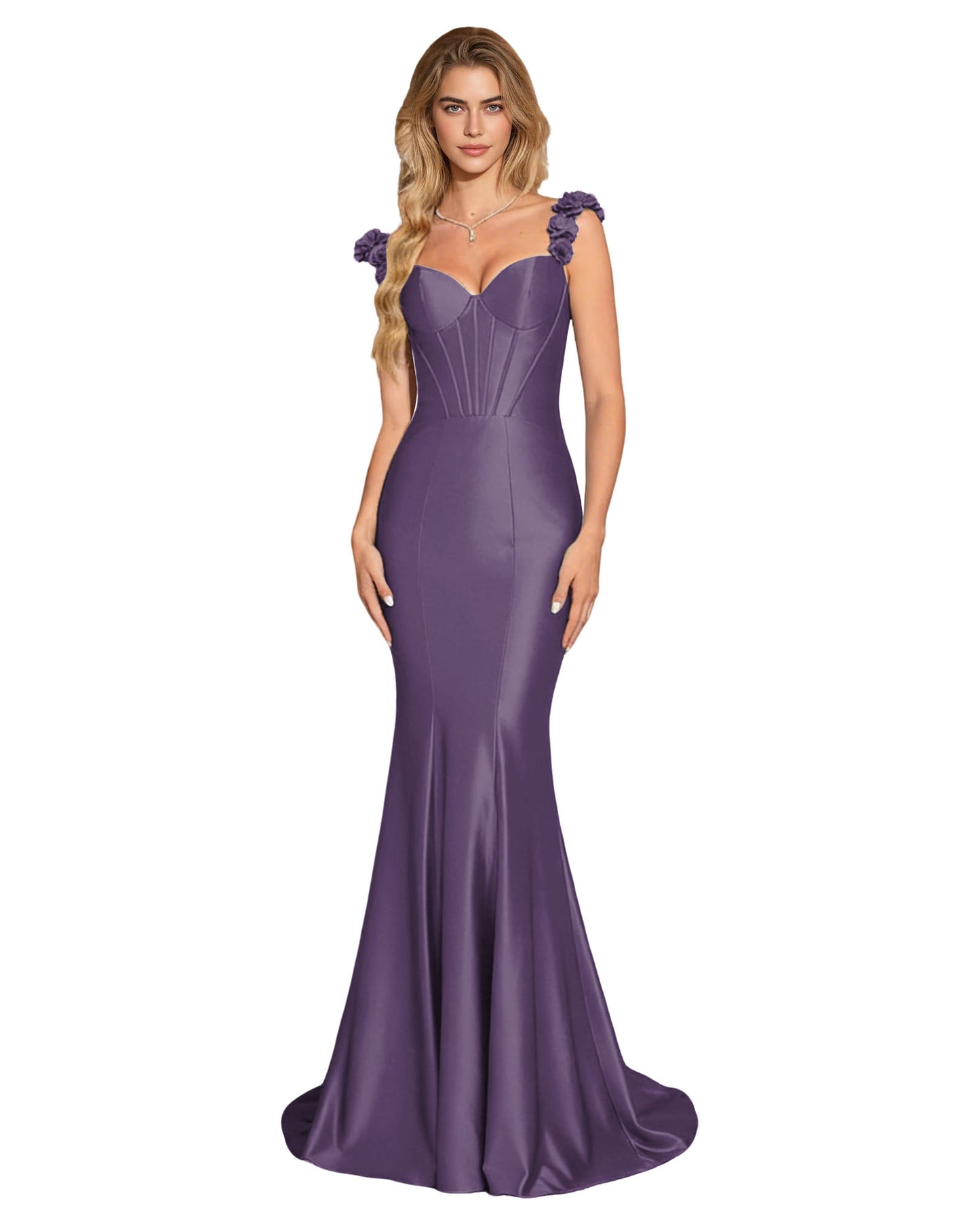 Floral Strap Satin Mermaid Prom Dress with Corset Bodice and Sweep Train