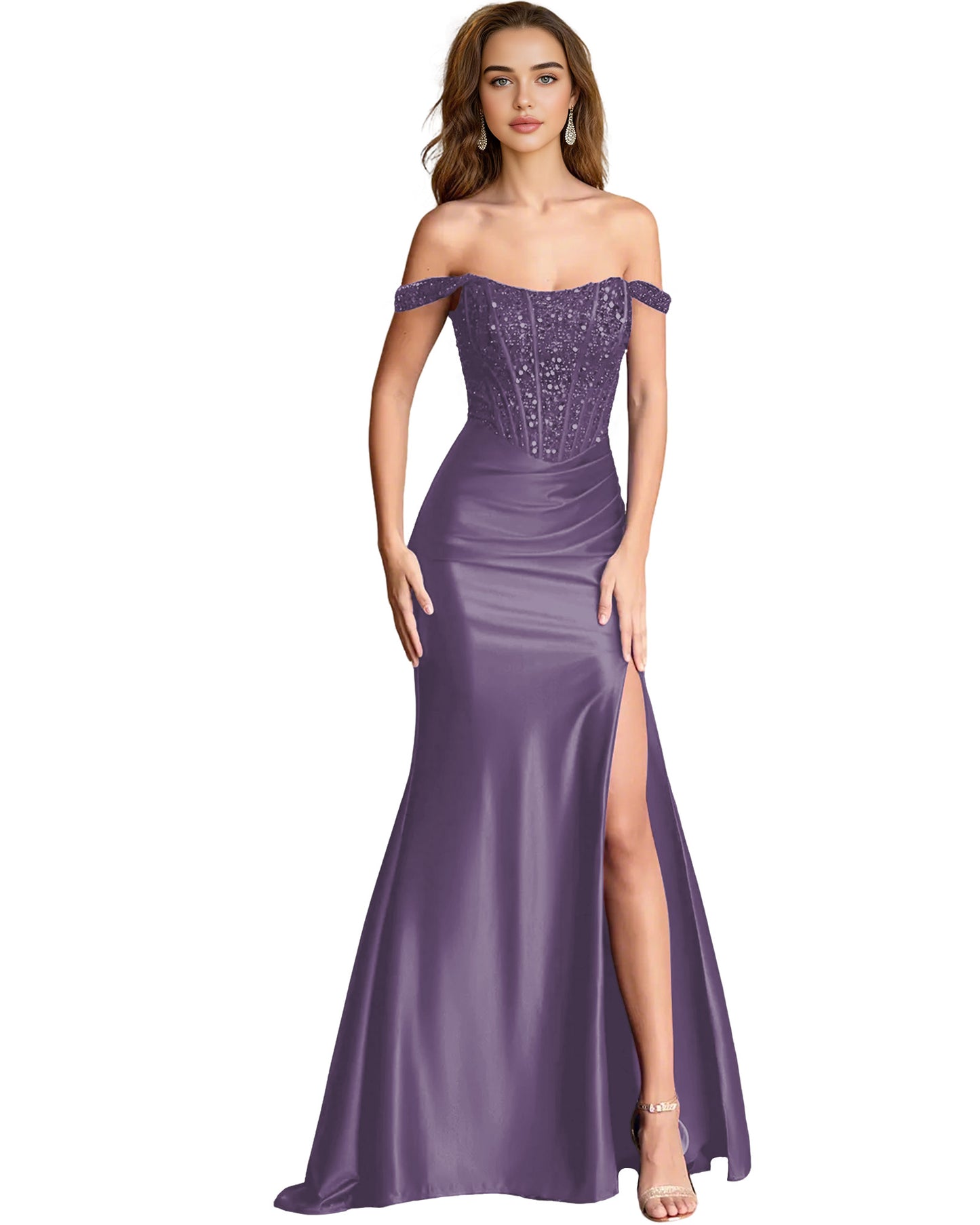 Off Shoulder Sequin Satin Mermaid Dress with Draped dress Slit