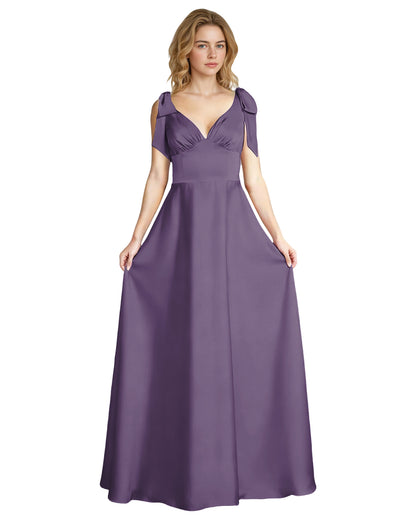 V-Neck Bow Strap Satin Bridesmaid Dress with Empire Waist