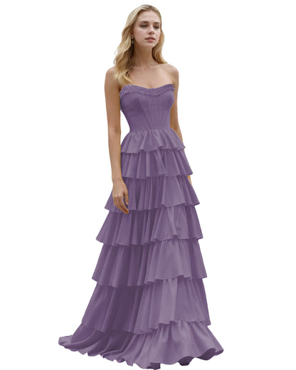 Strapless Tiered Ruffle A-Line Prom Dress with Corset Bodice