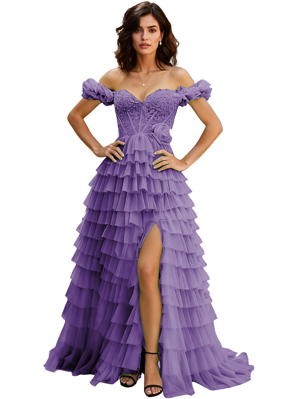 Off Shoulder Tulle Ball Gown Prom Dress with Ruffle Sleeves and Slit