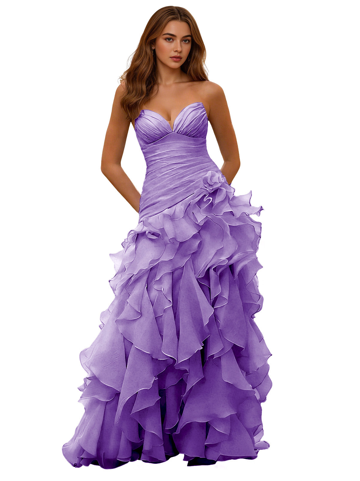 Strapless Organza Ruffle Ball Gown Prom Dress with Draped Corset Bodice