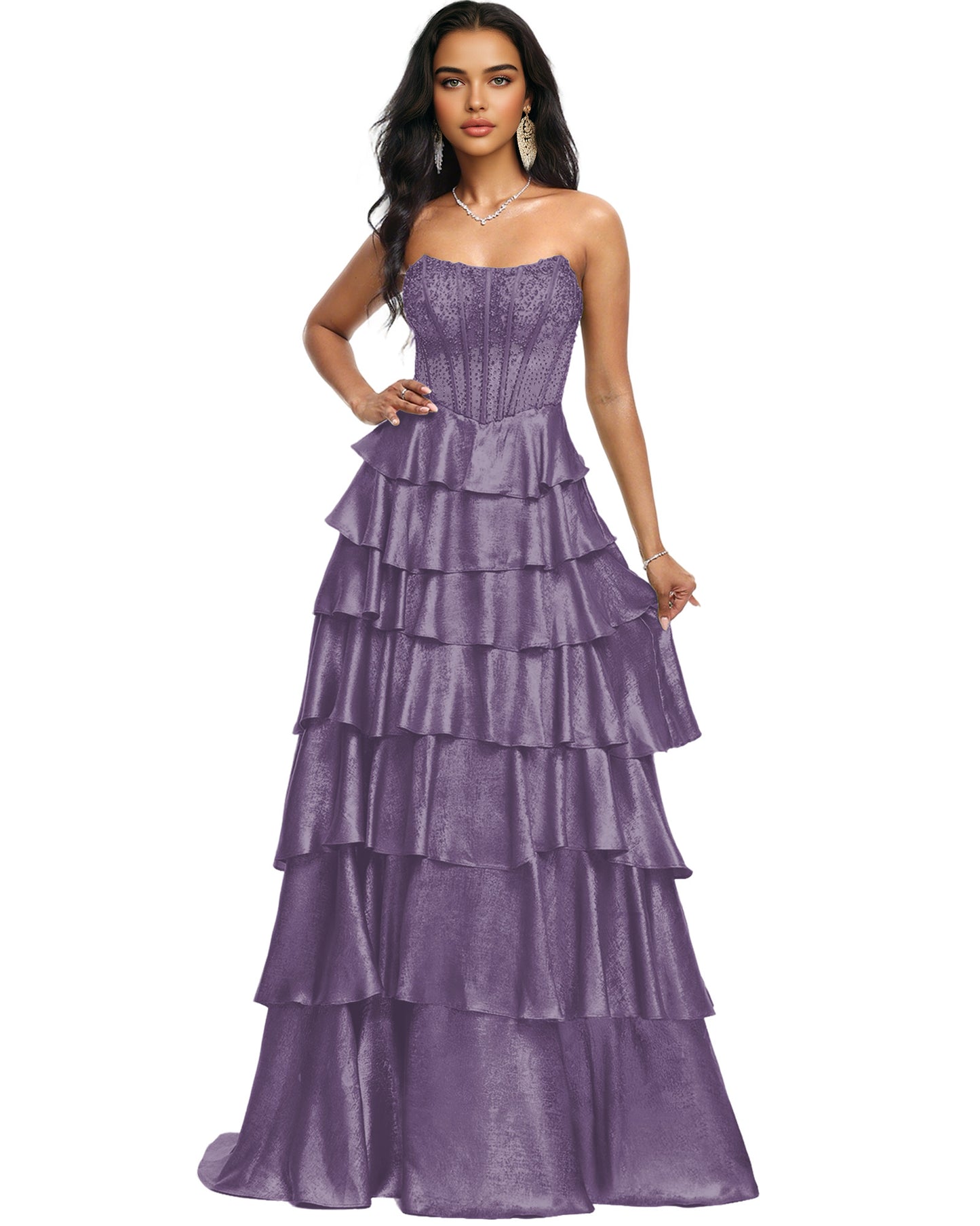Strapless Tiered Sequin A-Line Prom Dress with Ruffle Layers