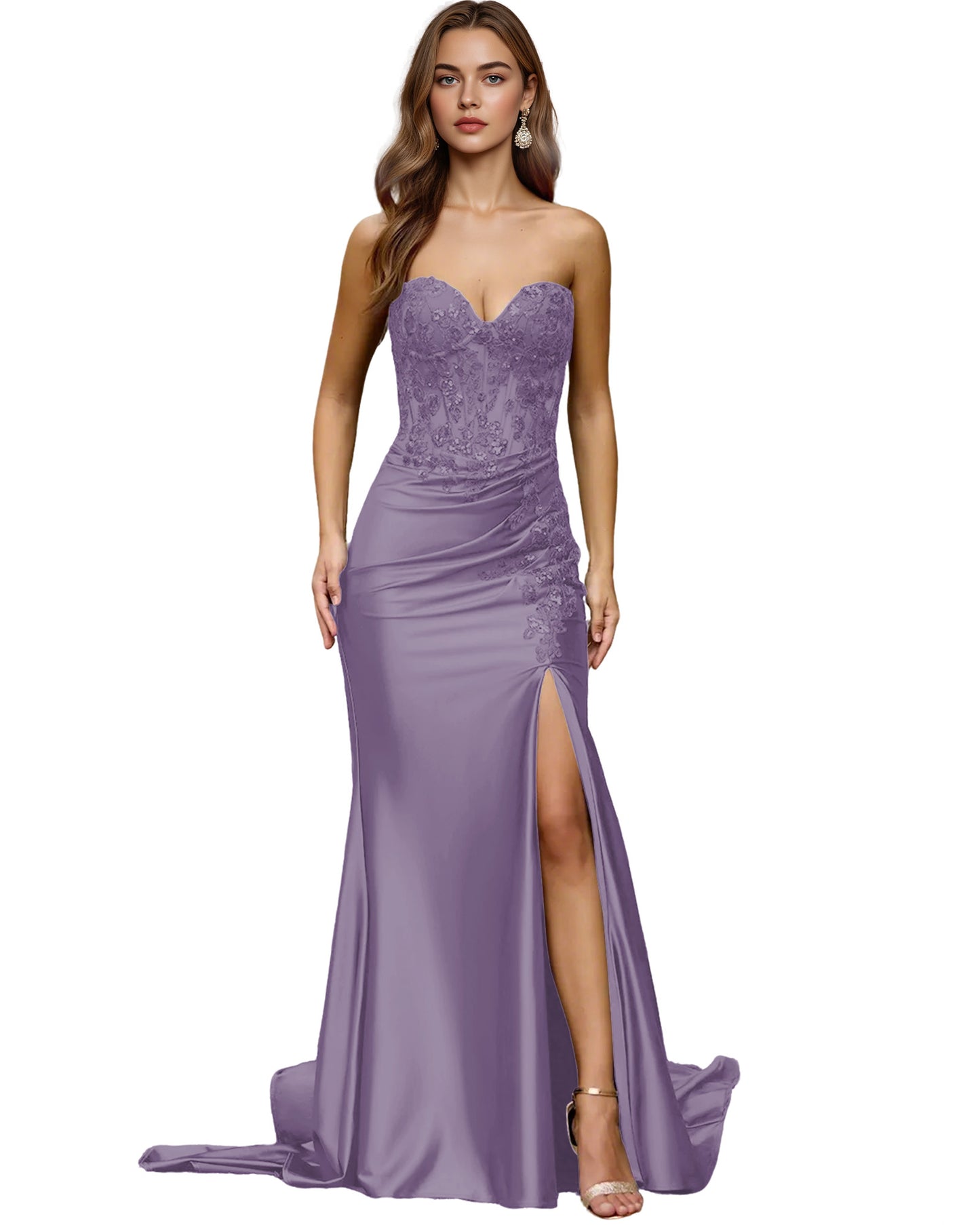 Strapless Emerald Satin Mermaid Prom Dress with Beaded Bodice and Slit