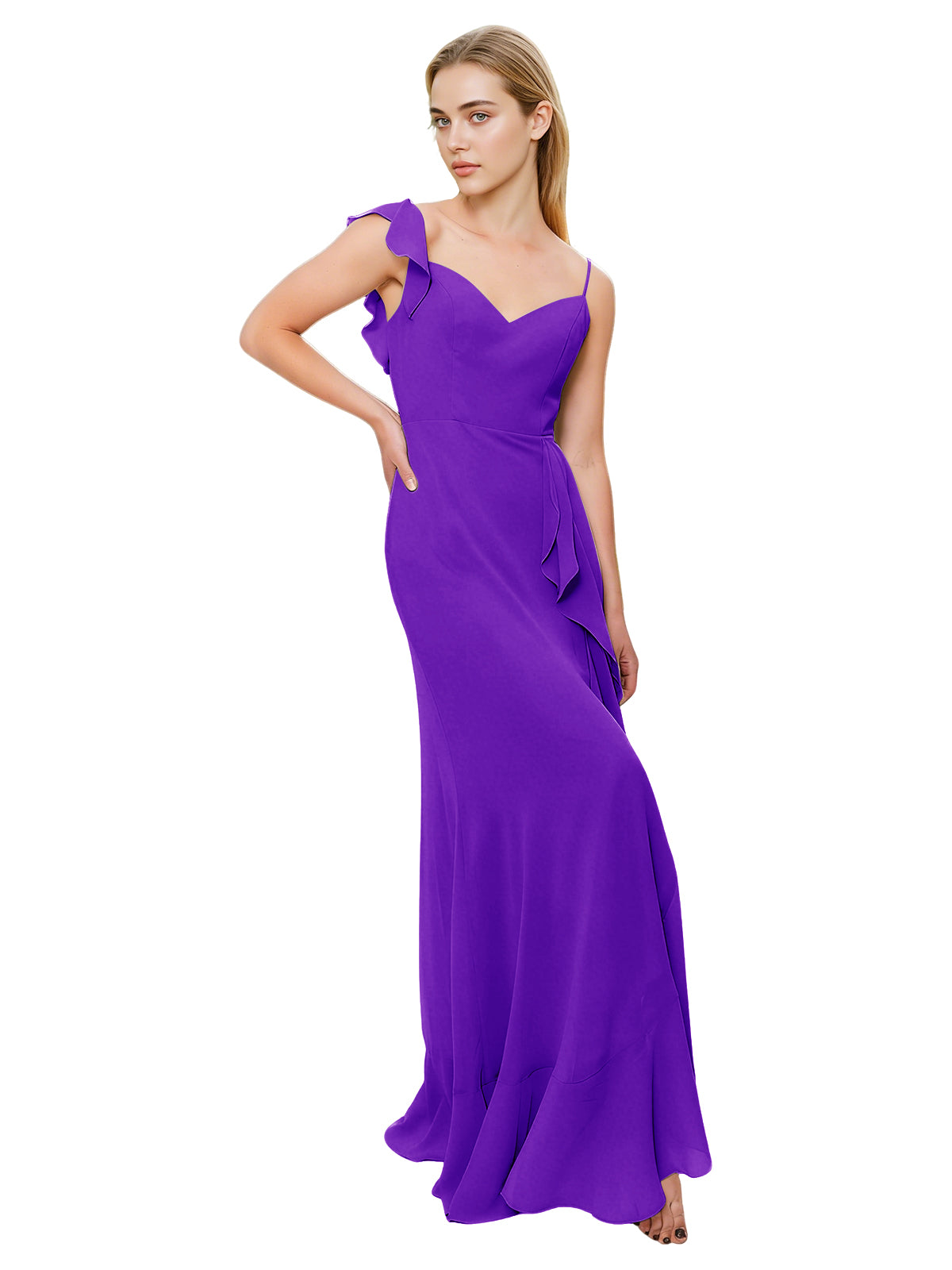 V-Neck Ruffle Strap Bridesmaid Dress with Cascading Chiffon Dress