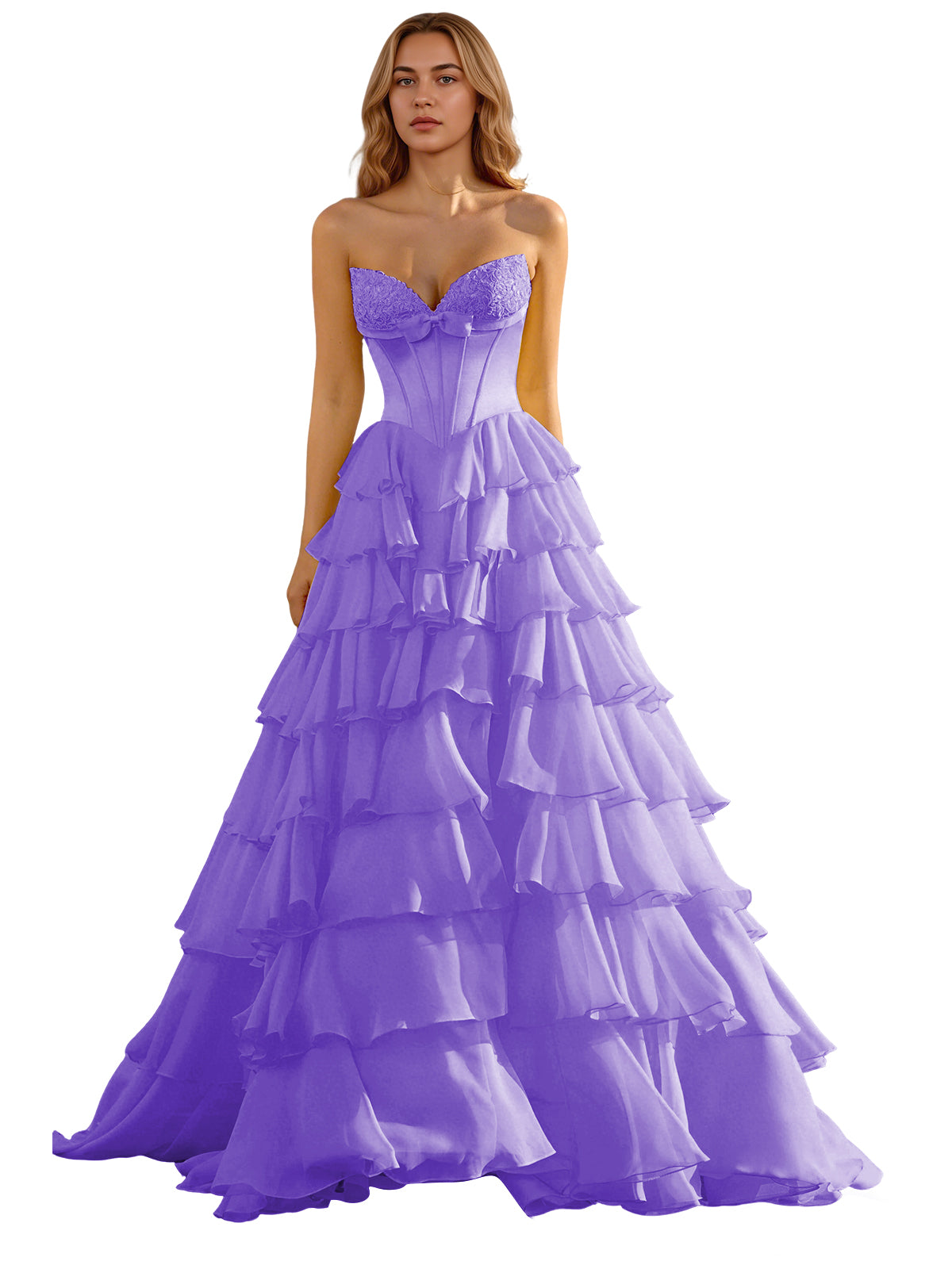 Strapless Tiered Organza Ball Gown Prom Dress with Corset Top