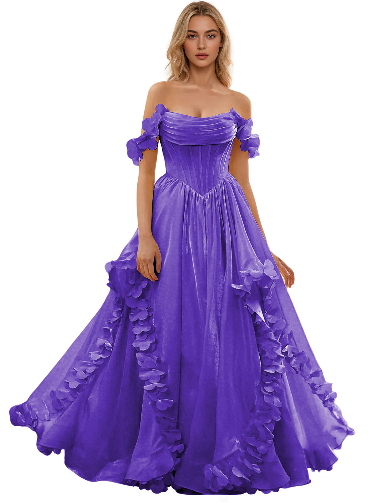 Off Shoulder Ruffle Tulle Ball Gown Prom Dress with Floral Applique