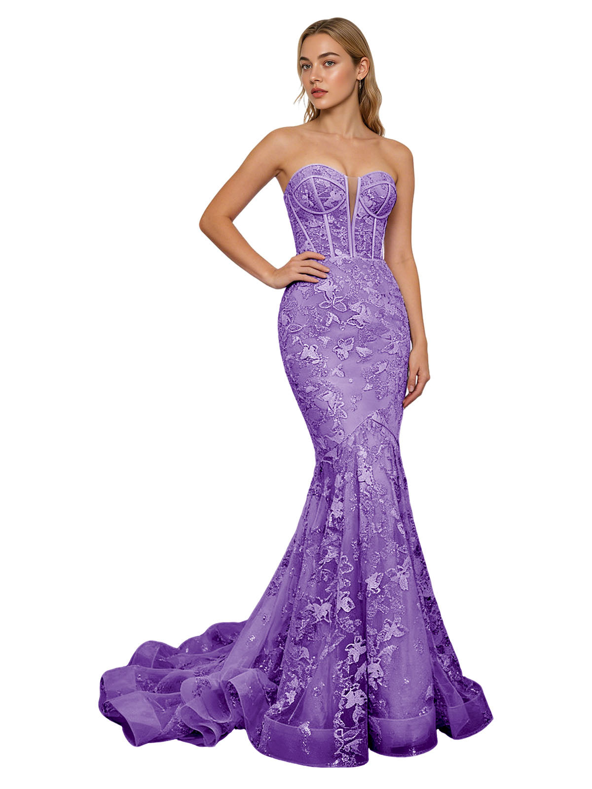Strapless Lavender Lace Mermaid Prom Dress with Sheer Corset and Train