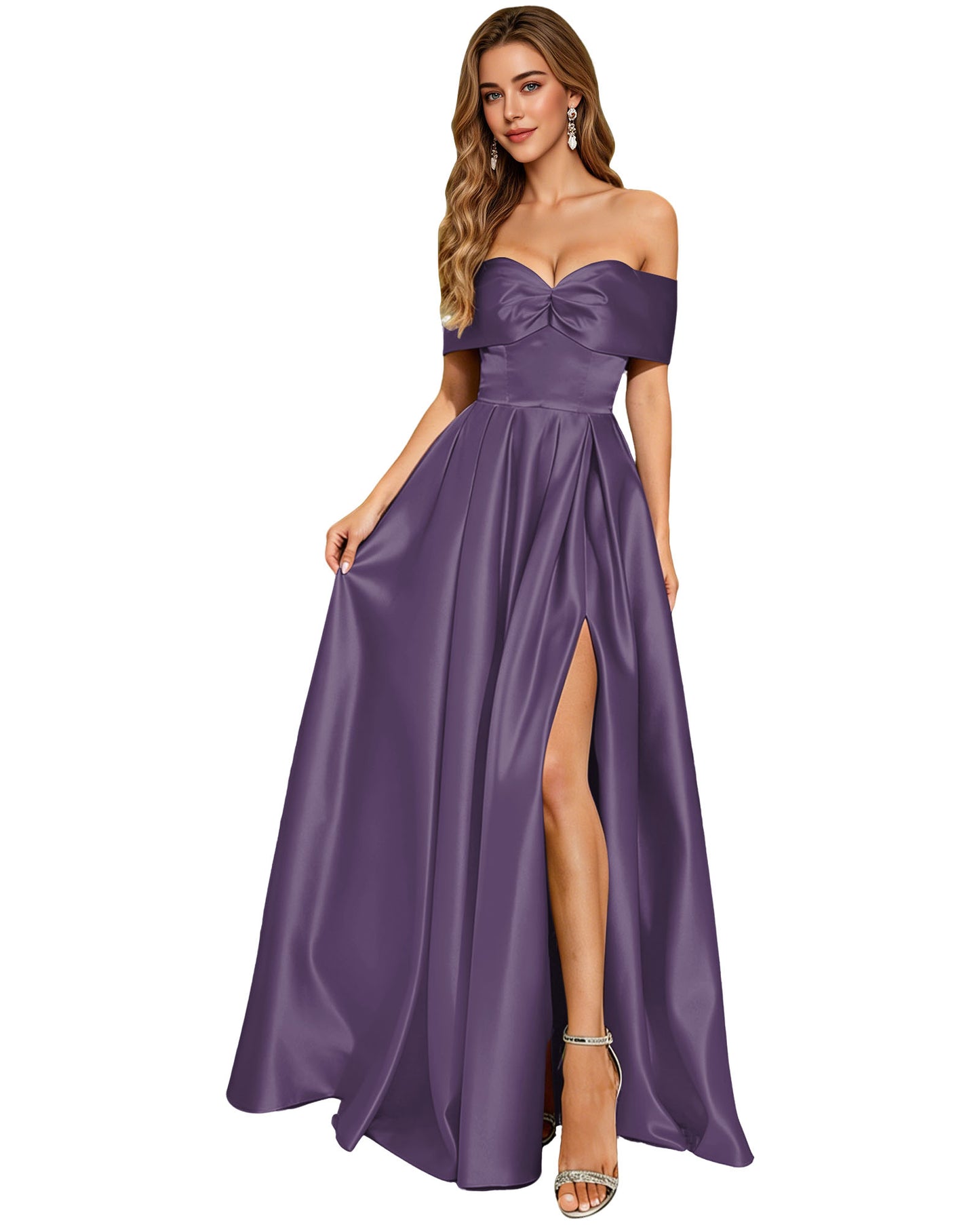 Strapless Bow Satin A-Line Prom Dress with Pleated Bodice and Slit