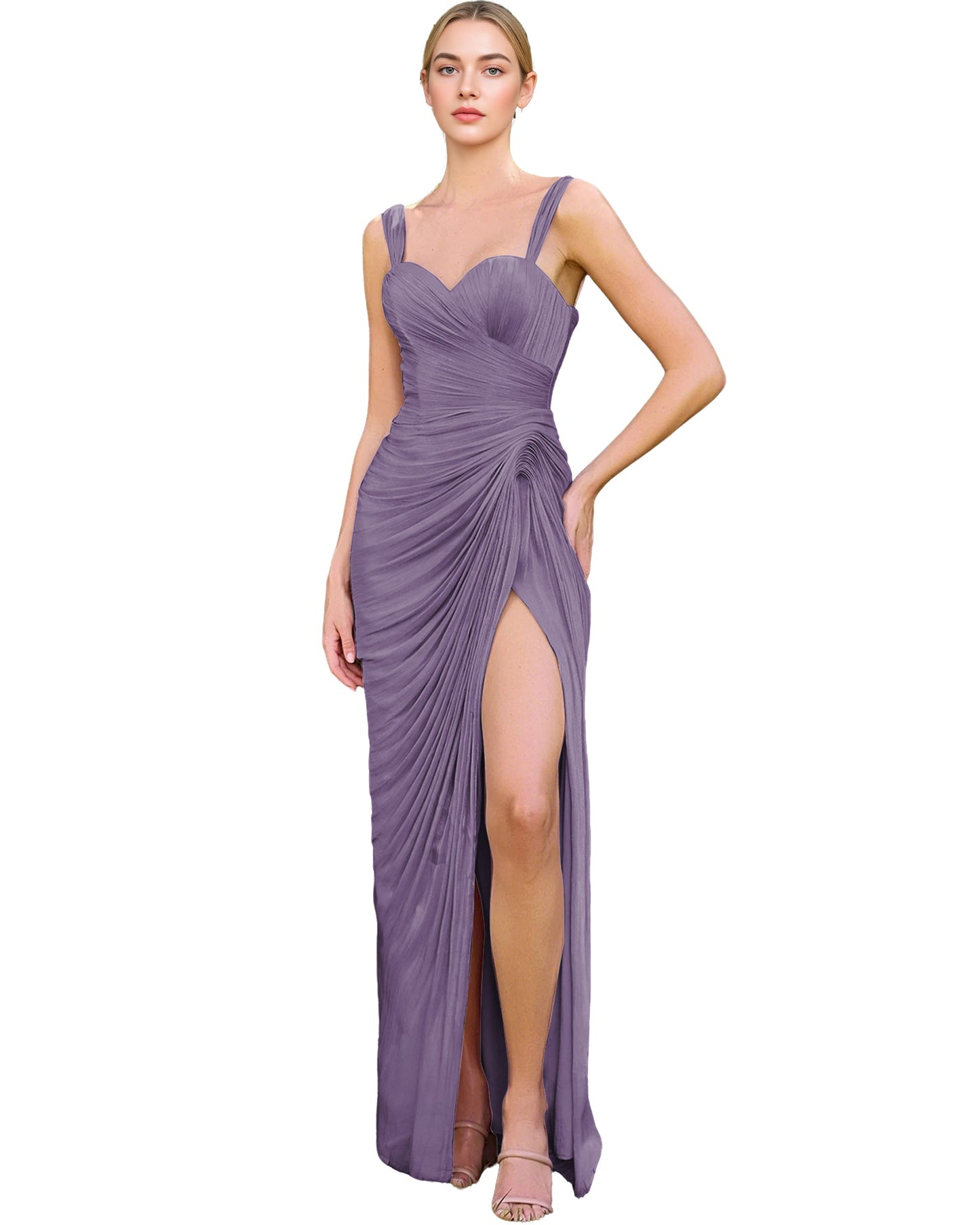 Spaghetti Strap Ruched Satin Sheath Prom Dress with Lace-Up Back and Slit