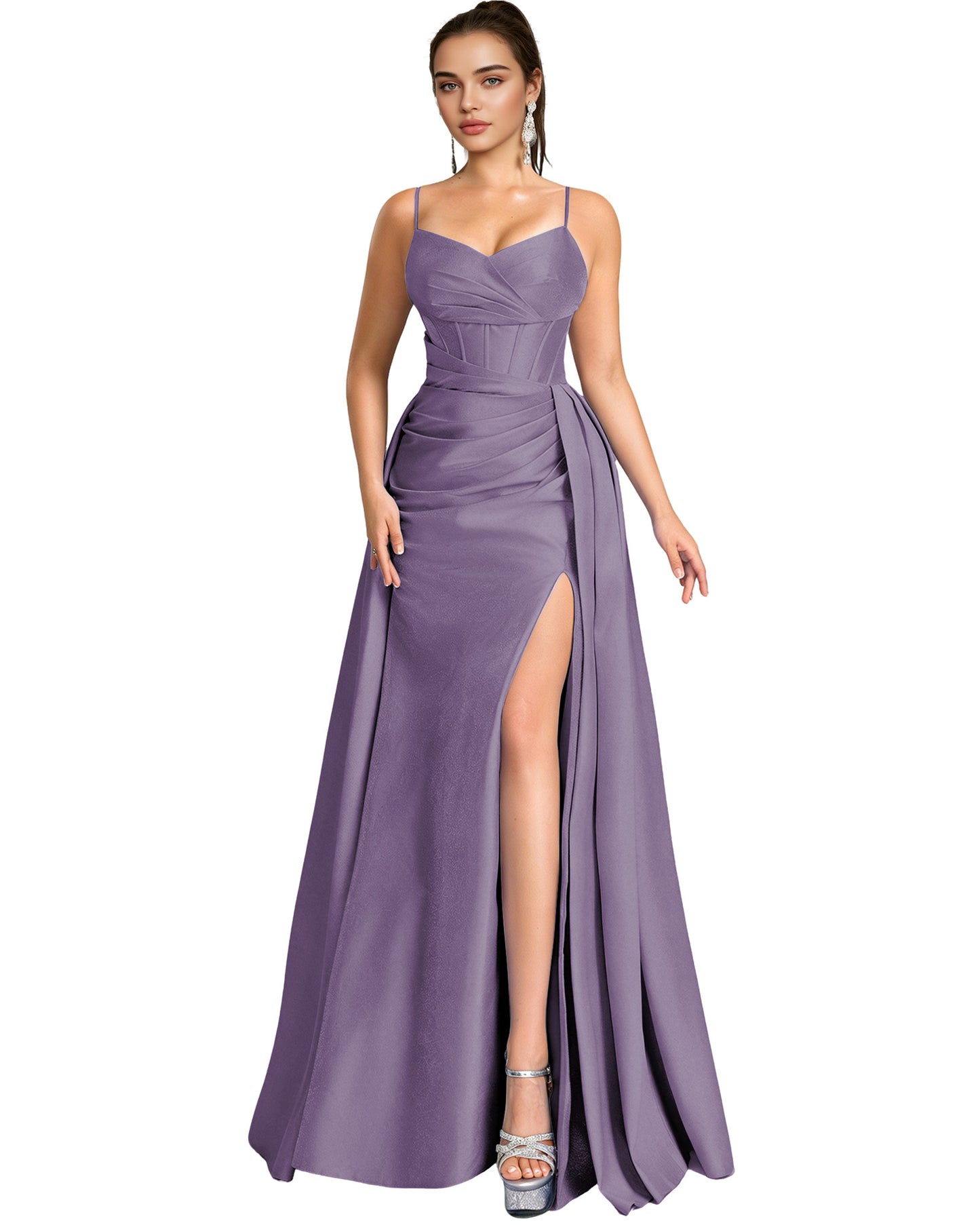 One Shoulder Satin A-Line Prom Dress with Wrap Bodice and Side Slit