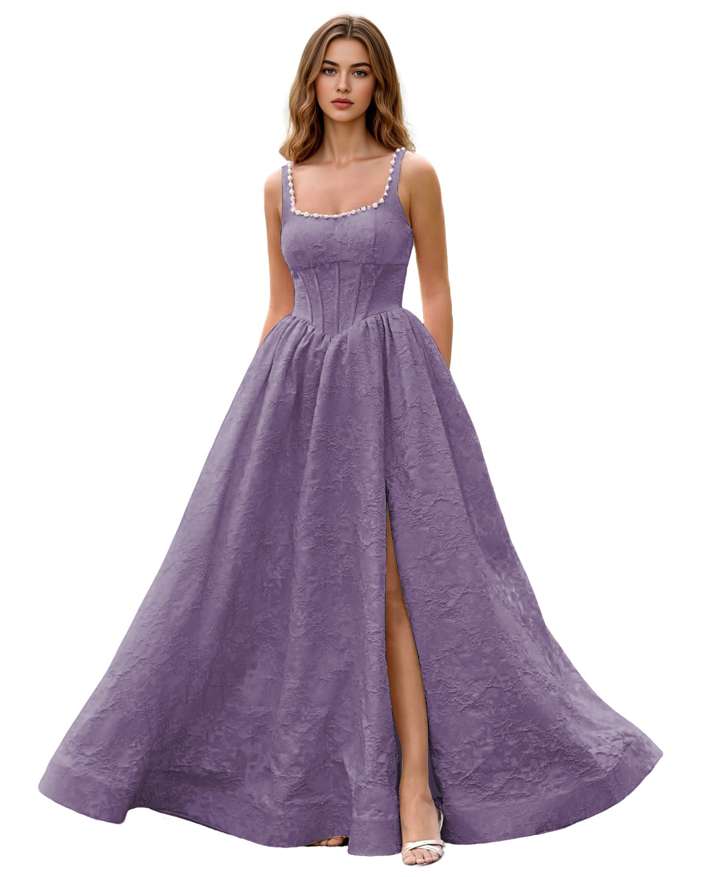 Square Neck Jacquard Ball Gown Prom Dress with Wide Straps and Pockets