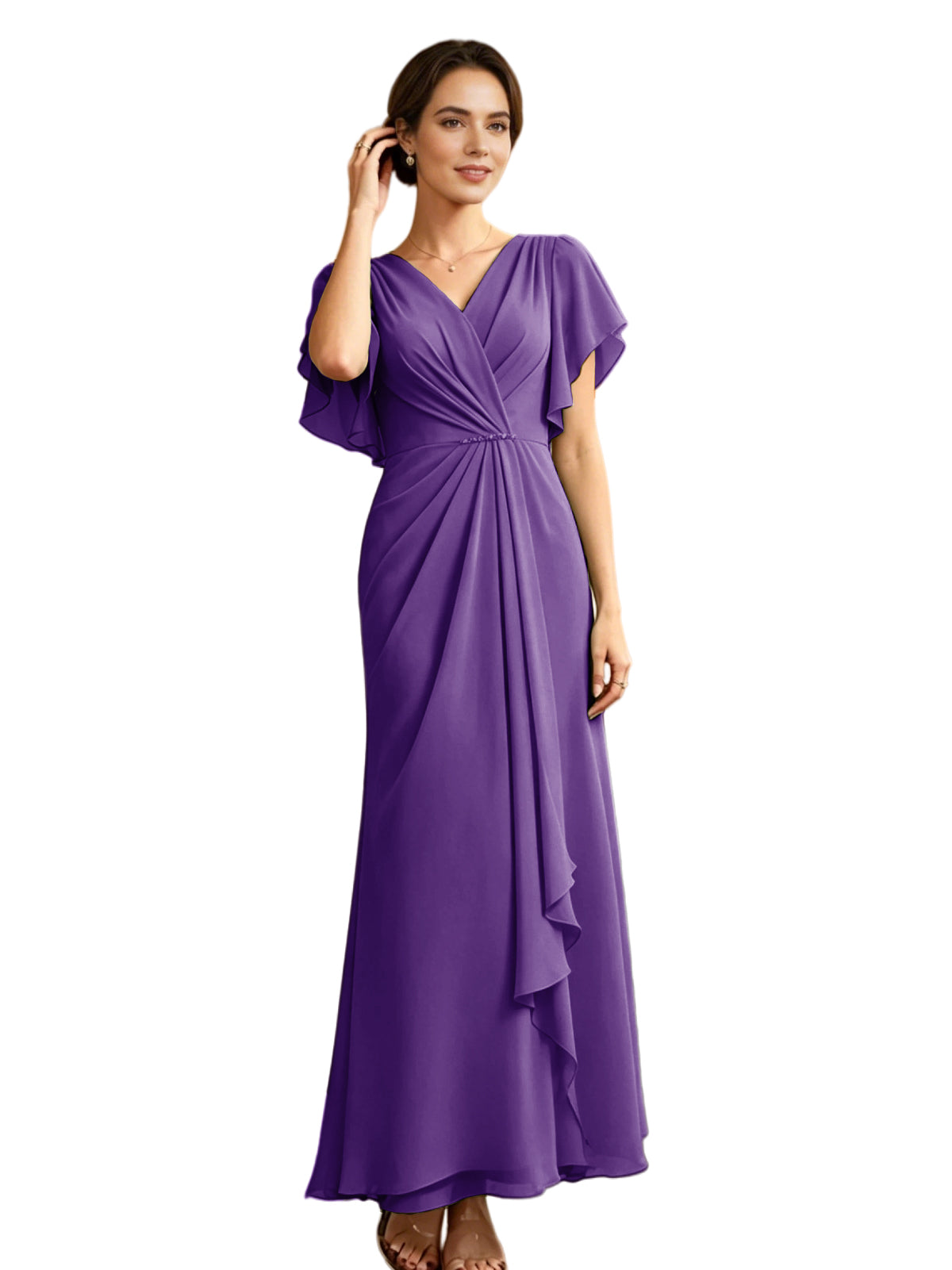 Long Chiffon Mother of the Bride Dress V-Neck Flutter Sleeve A-Line Gown with Beaded Waist