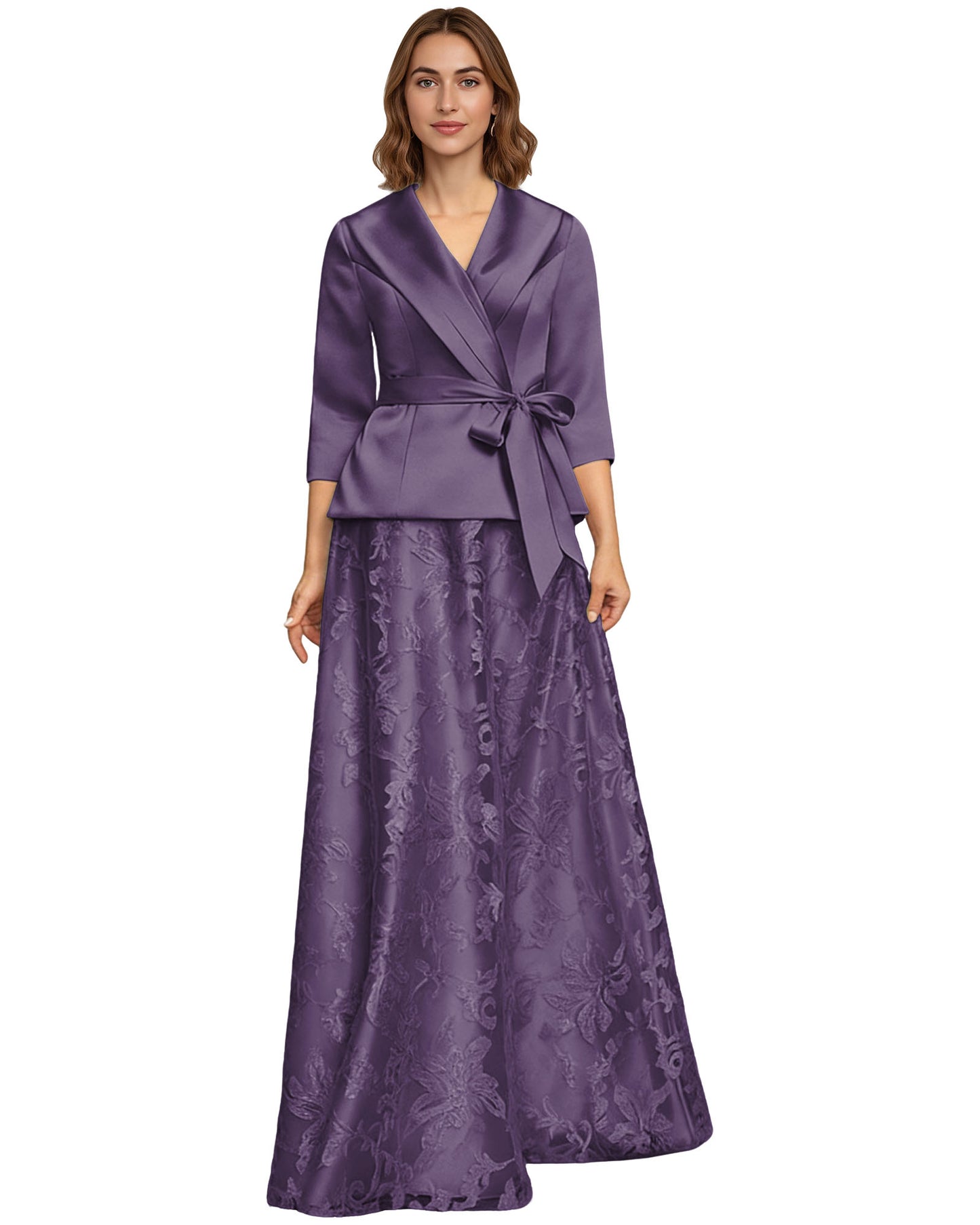 Two Piece Mother of the Bride Dress Satin Wrap Top Embroidered Long Skirt Formal Set