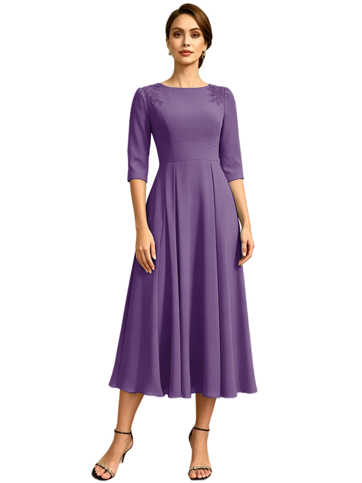 Tea Length Mother of the Bride Dress Jewel Neck Chiffon A-Line Formal Gown with Embroidery
