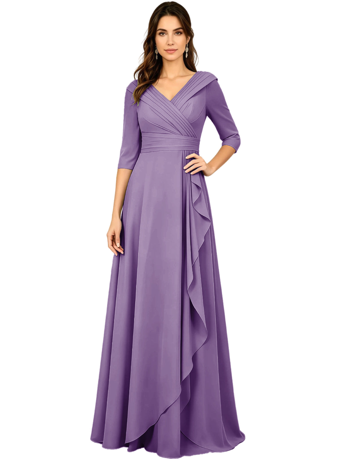 Long V-Neck Mother of the Bride Dress Chiffon Half Sleeve A-Line Gown with Side Ruffle
