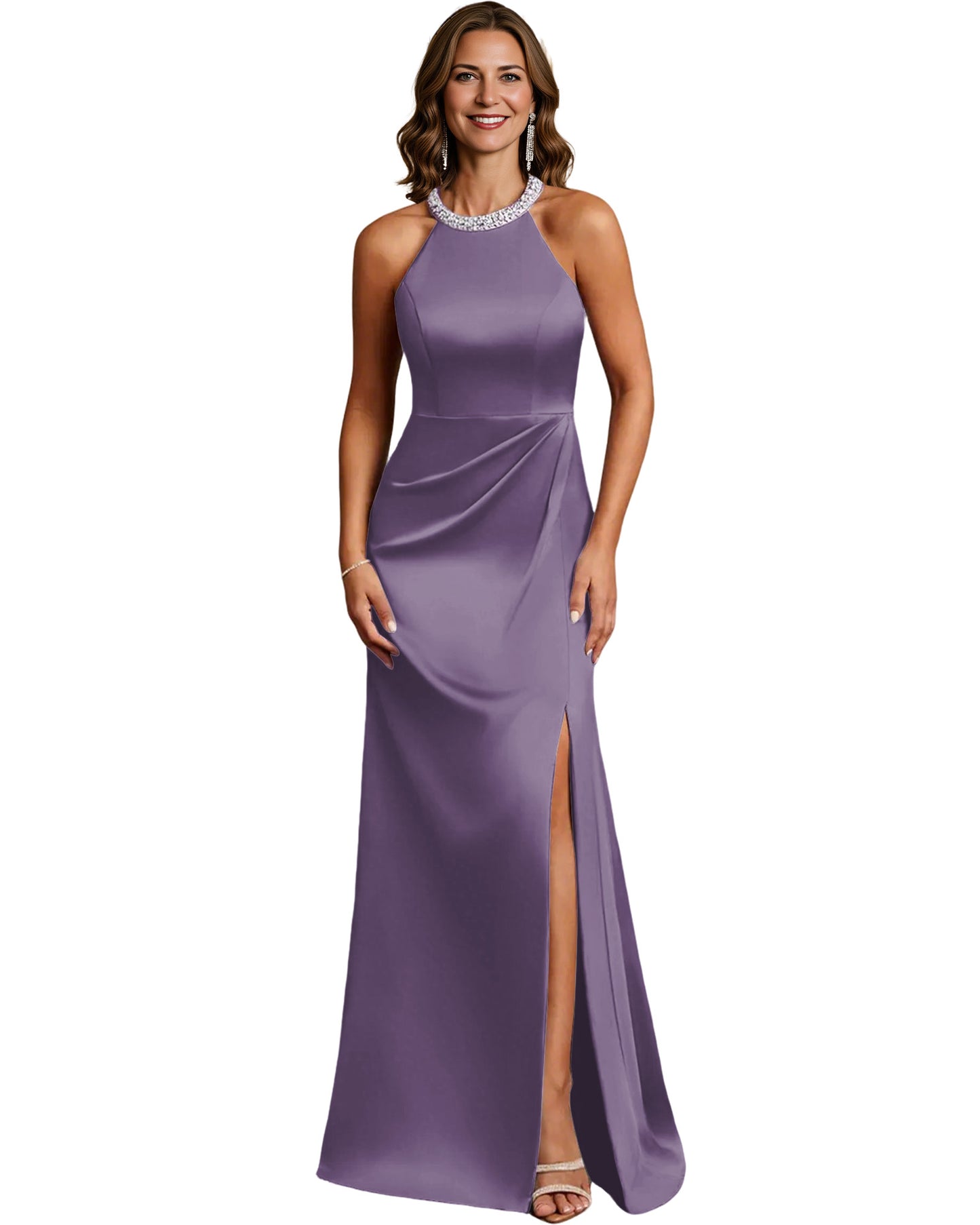 Halter Neck Mother of the Bride Dress Satin Mermaid Gown with Beaded Collar and Slit